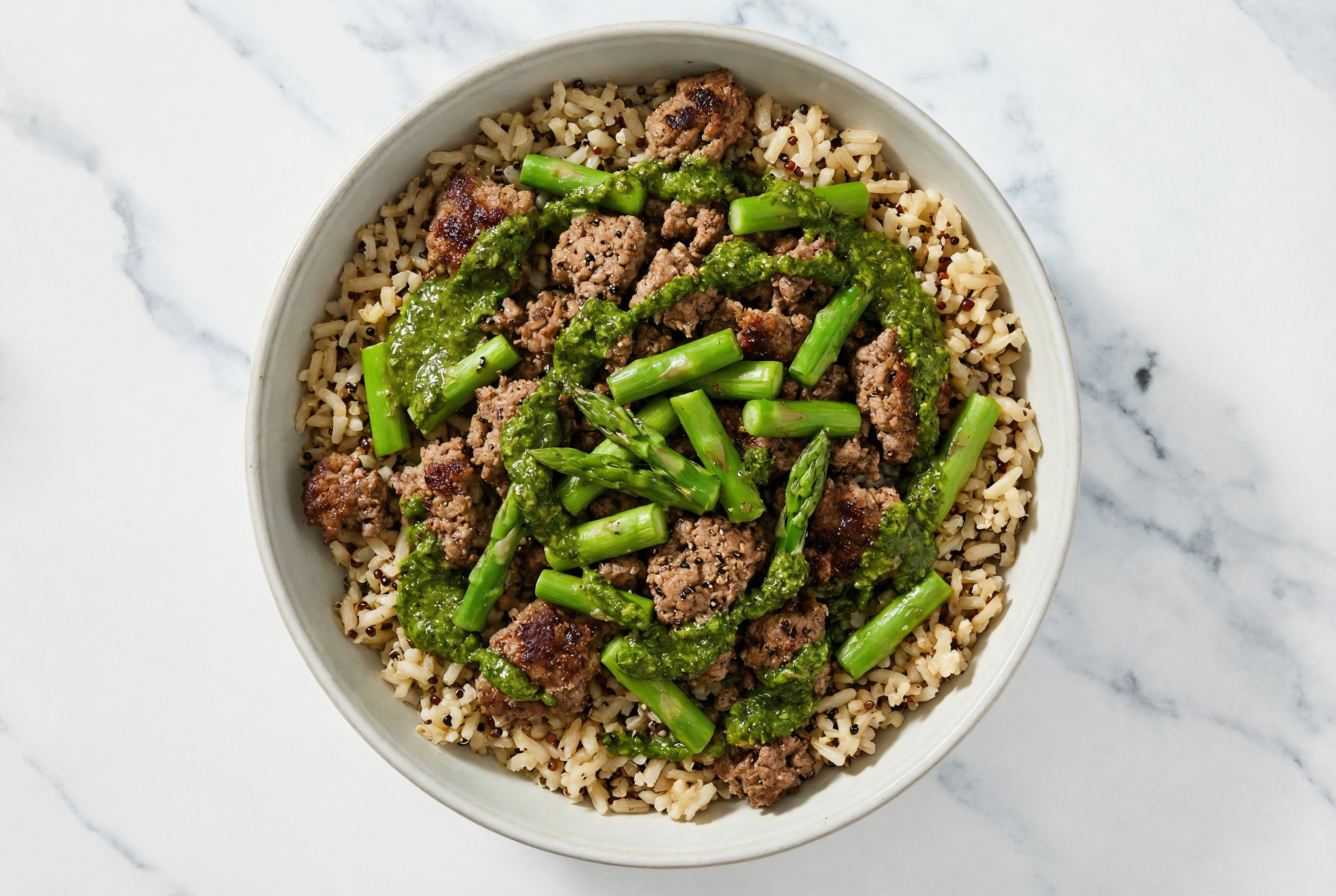 Ground Bison & Asparagus Grain Bowl with Kale Spinach Pesto with Brown Rice Quinoa Blend