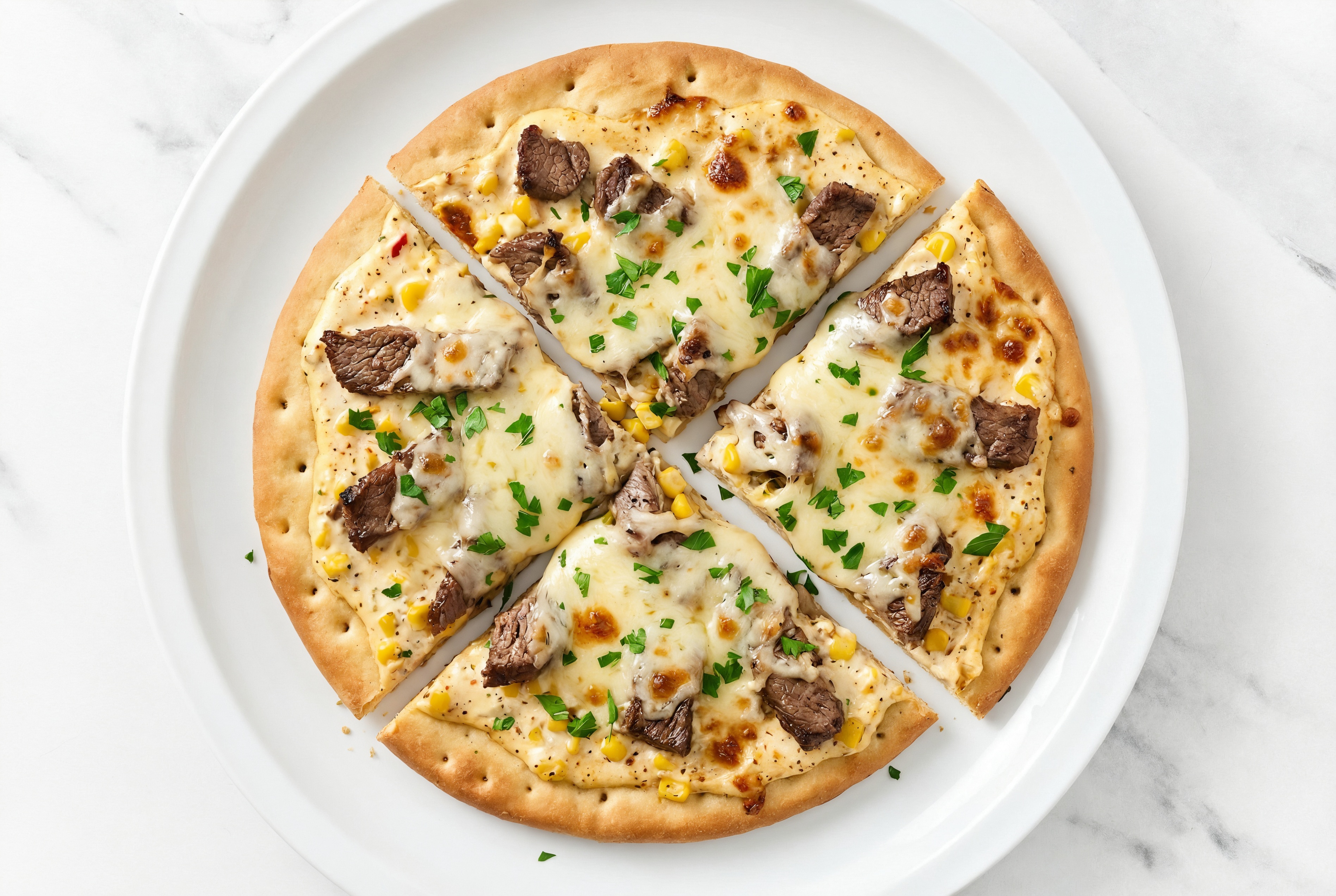 Street Corn Shaved Steak Pizza with Mild Havarti + Fresh Parsley