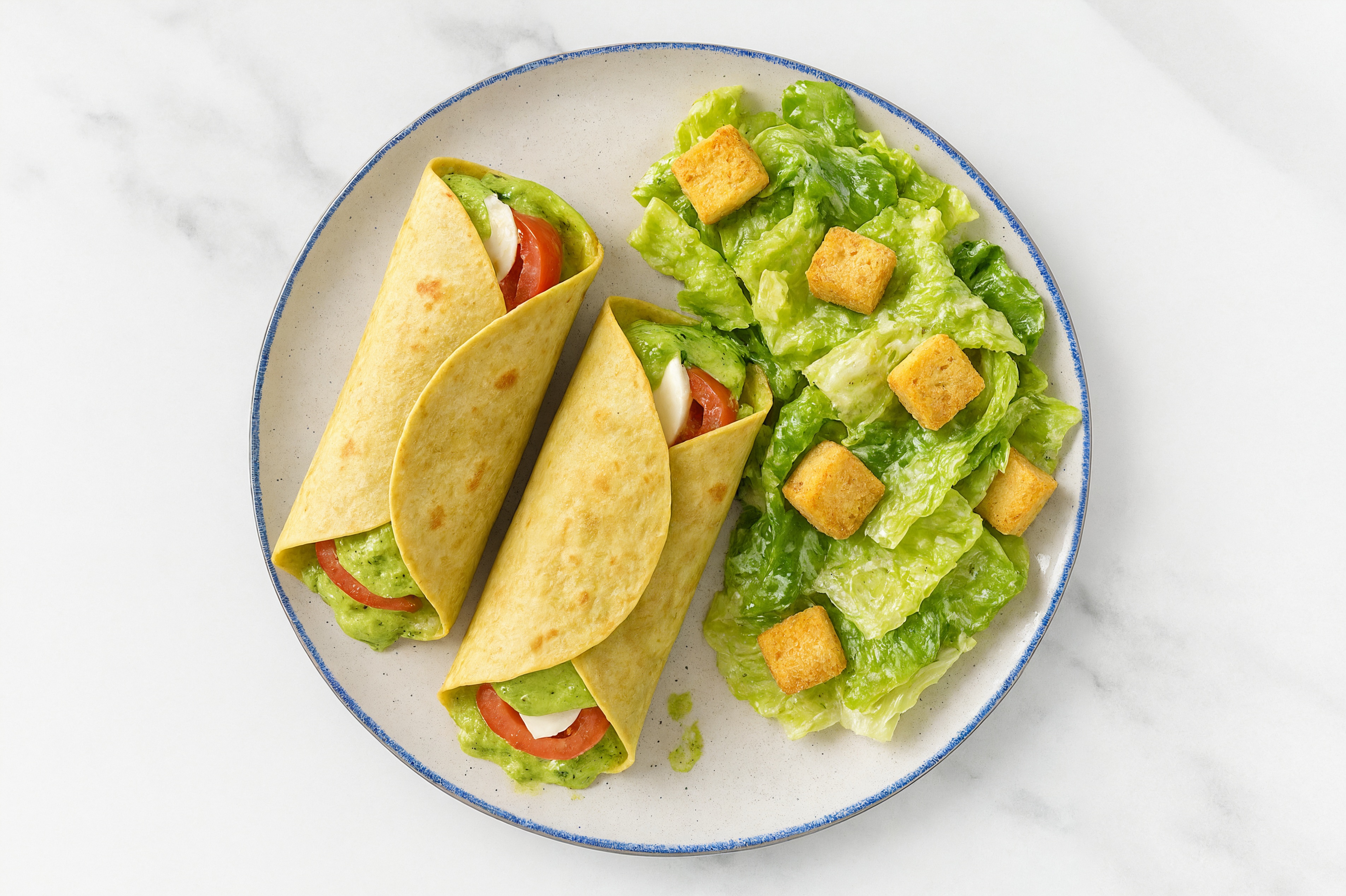 Tomato, Pesto + Mozzarella Wrap with Caesar Salad Side with Spinach Tortilla