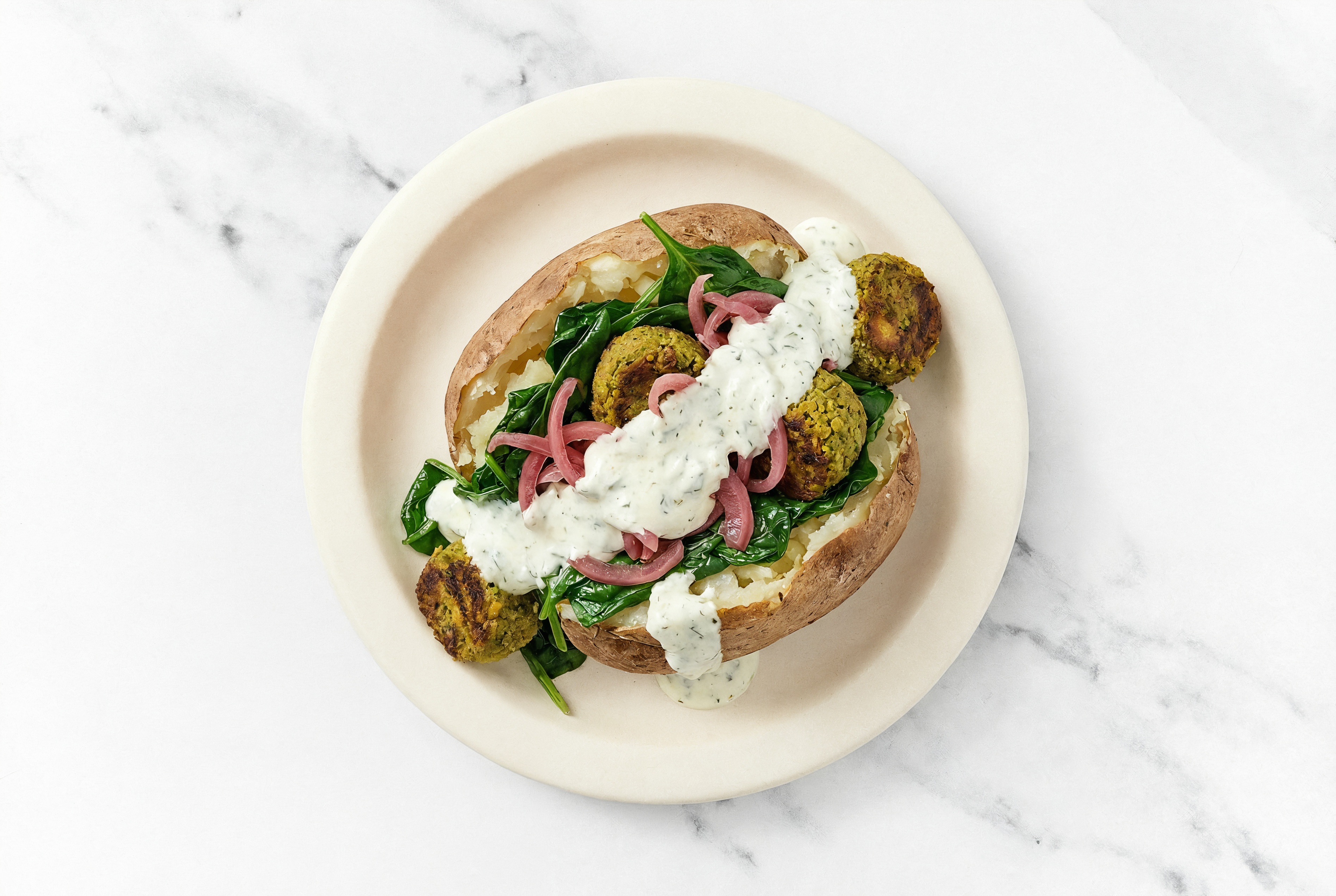 Falafel & Tzatziki Russet Potato with Baby Spinach