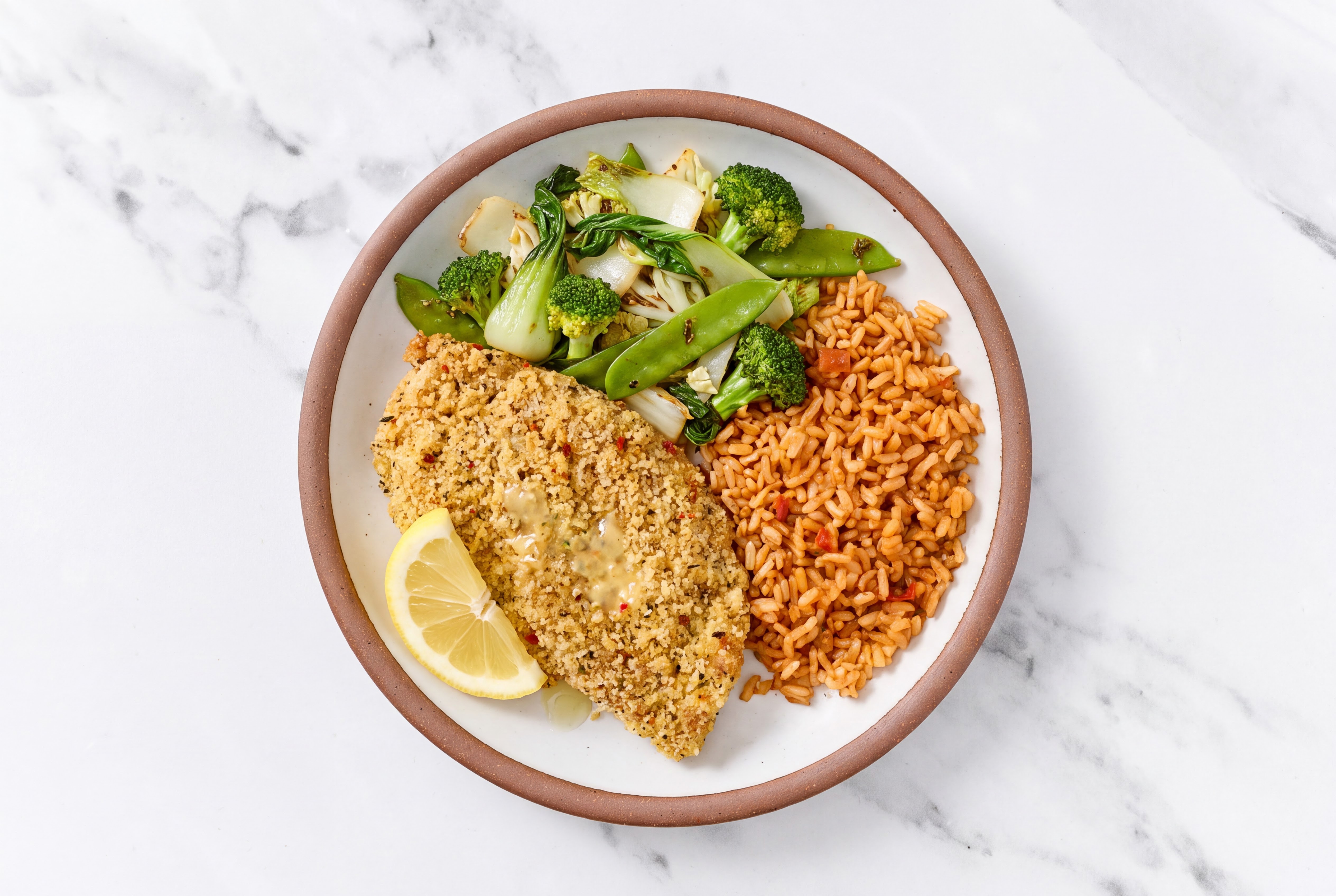 Lemon Parmesan Breaded Chicken Cutlet with Bok Choy & Mexican Rice