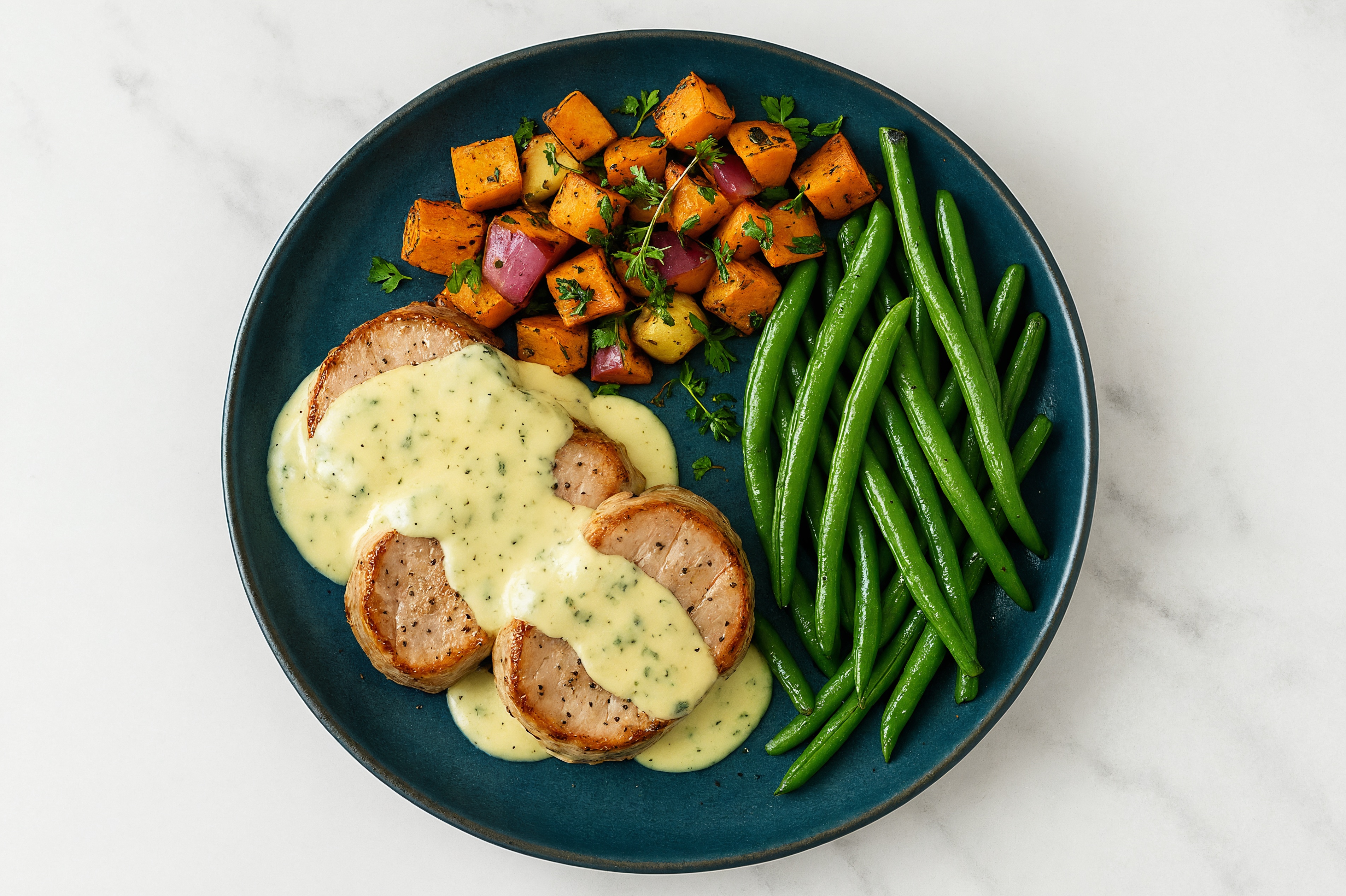 Creamy Herb Smothered Pork Tenderloin with Green Beans & Roasted Vegetables