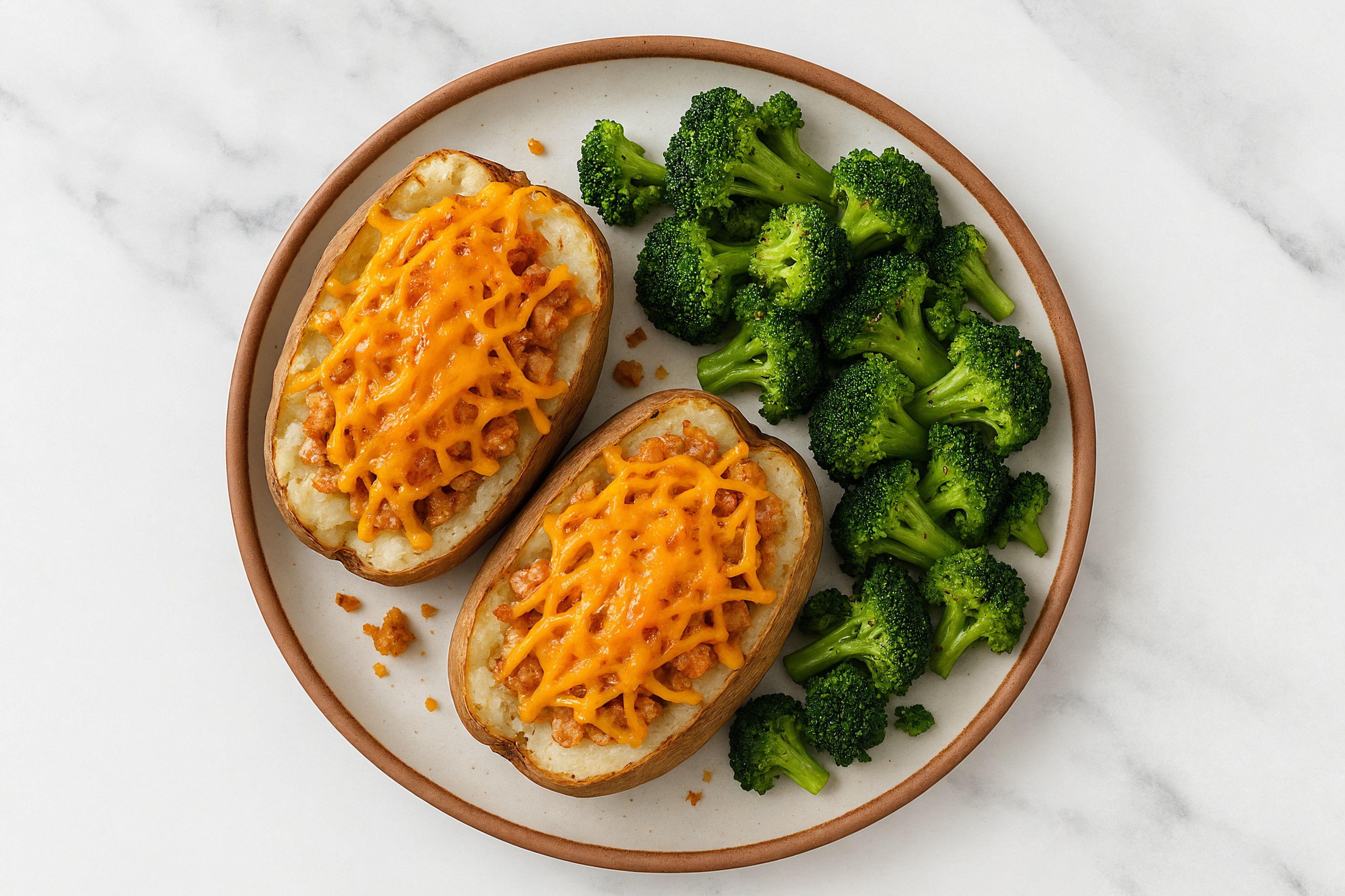 Cheddar Chicken Bacon Stuffed Microwave-Ready Russet Potato + Broccoli