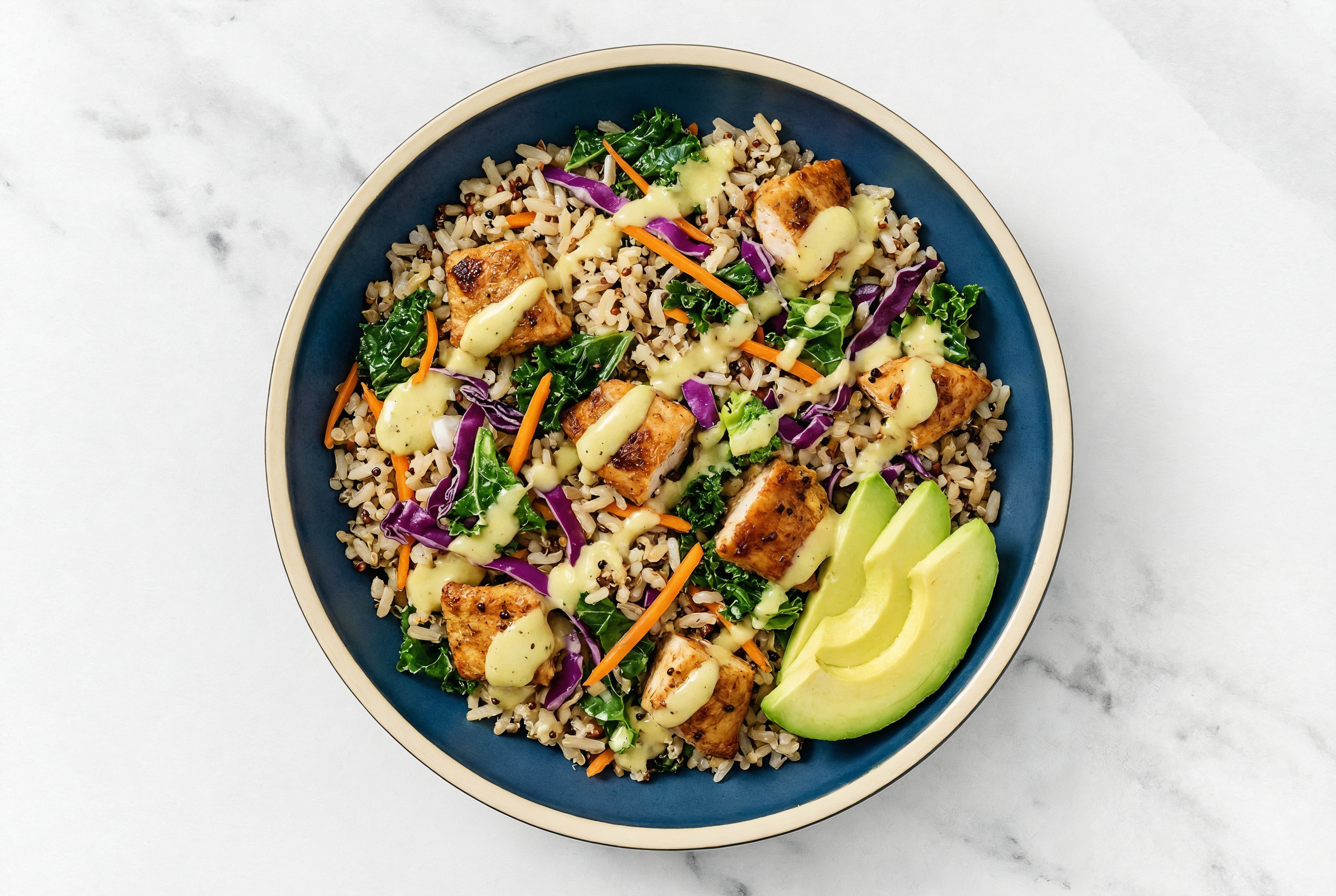 Rotisserie Chicken Thighs + Veggie Mix over Brown Rice with Honey Mustard Garlic Sauce