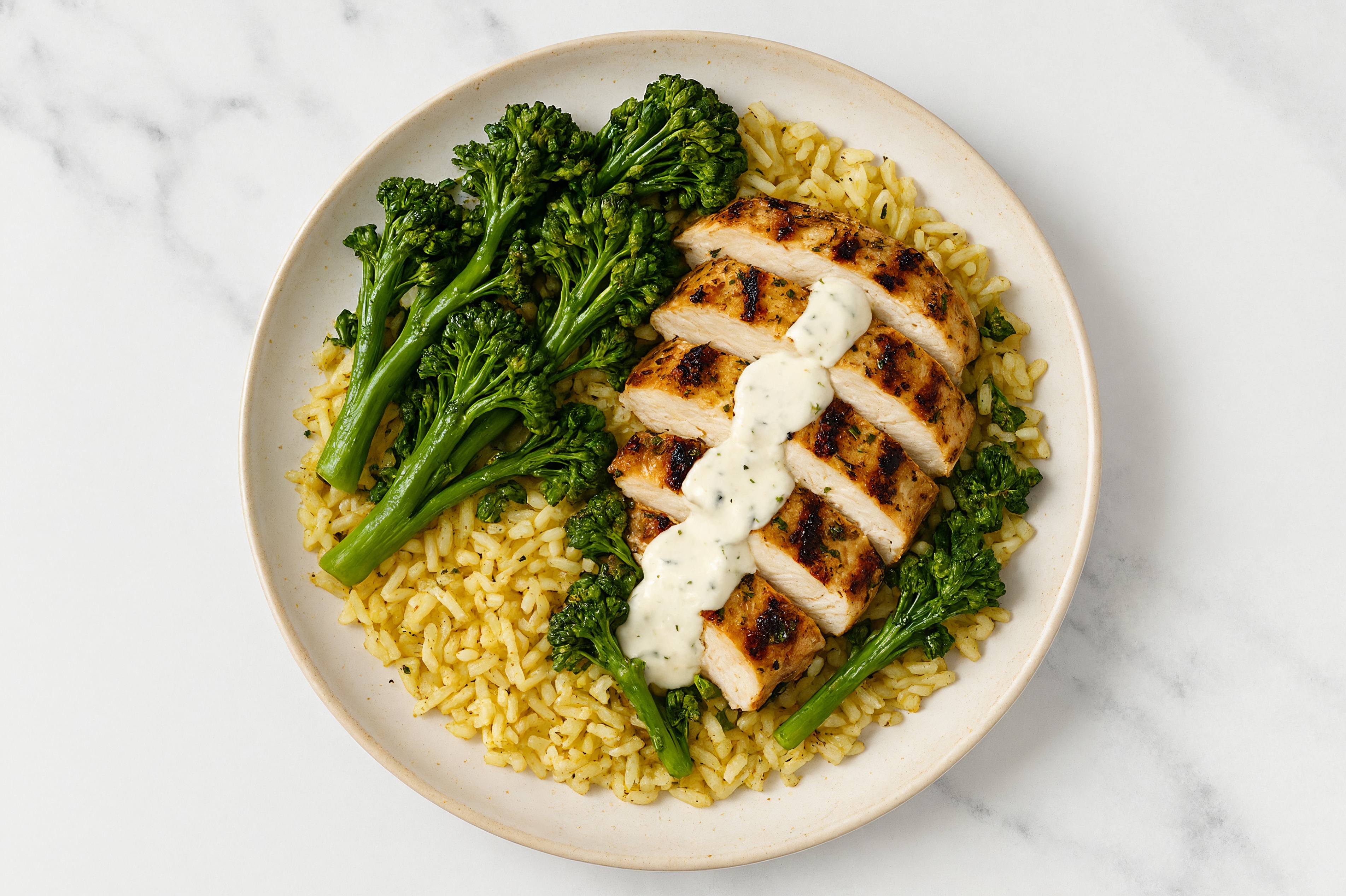 Creamy Ranch Mediterranean Grilled Chicken Breast + Broccoli Seasoned Jasmine Rice Bowl