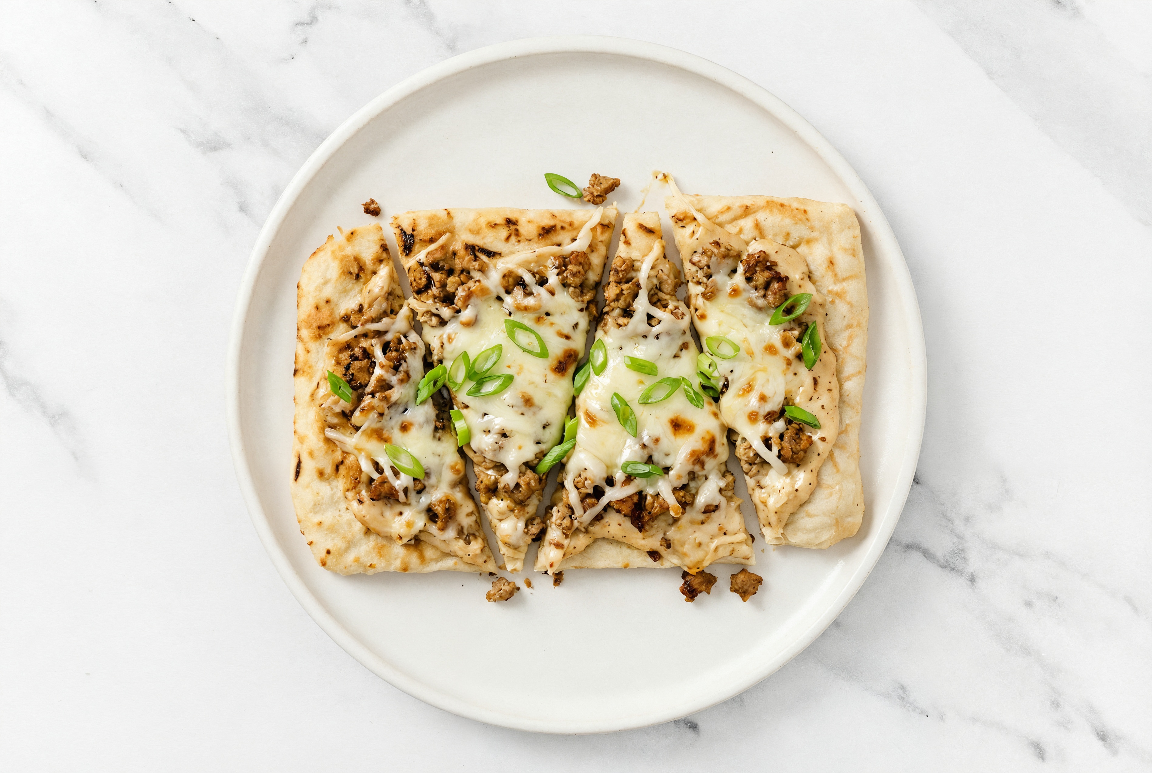Sweet Onion Ground Turkey Grilled Pizza with "Mozzarella" + Fresh Scallions
