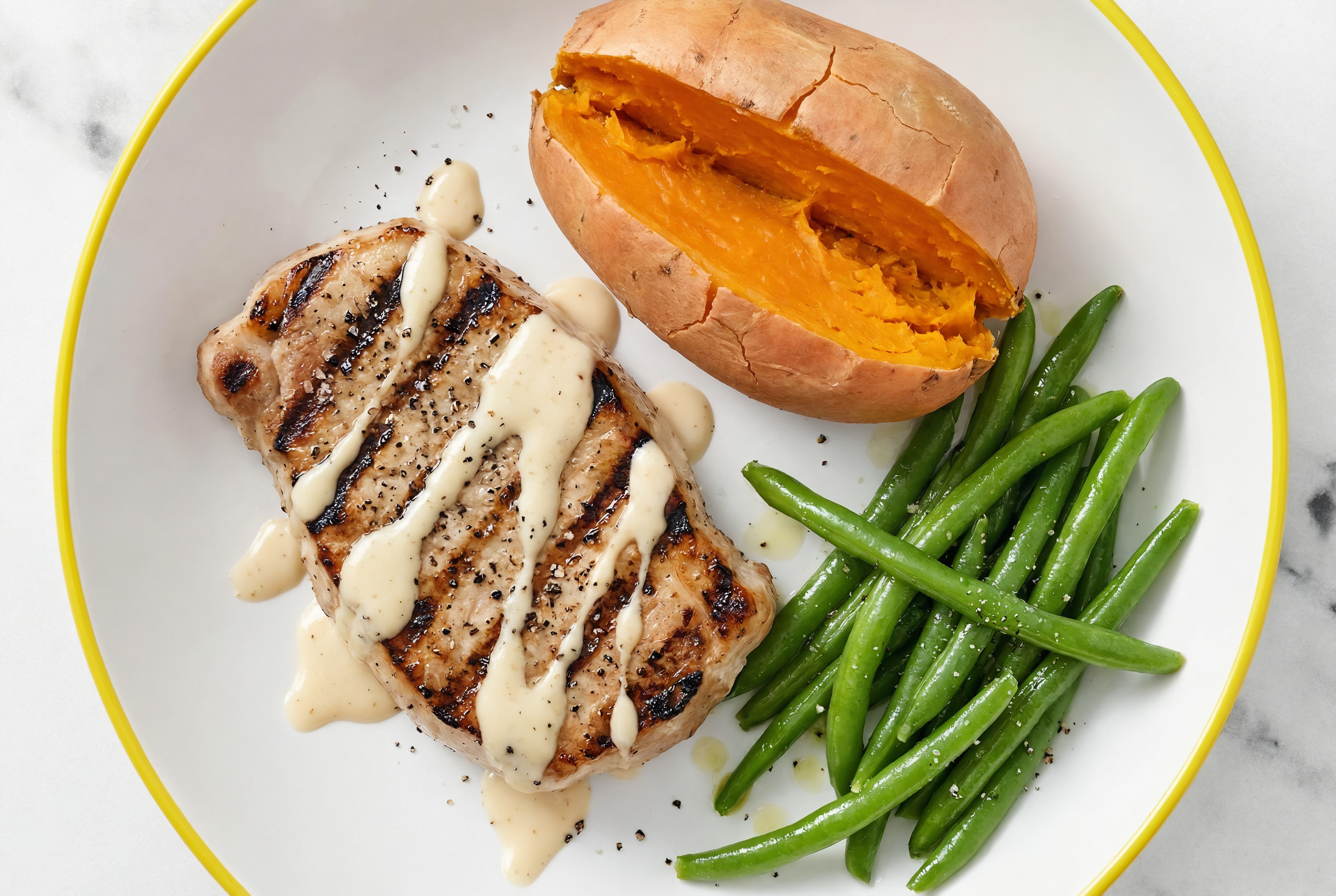Creamy Horseradish Pork Chops with Green Beans + Sweet Potatoes
