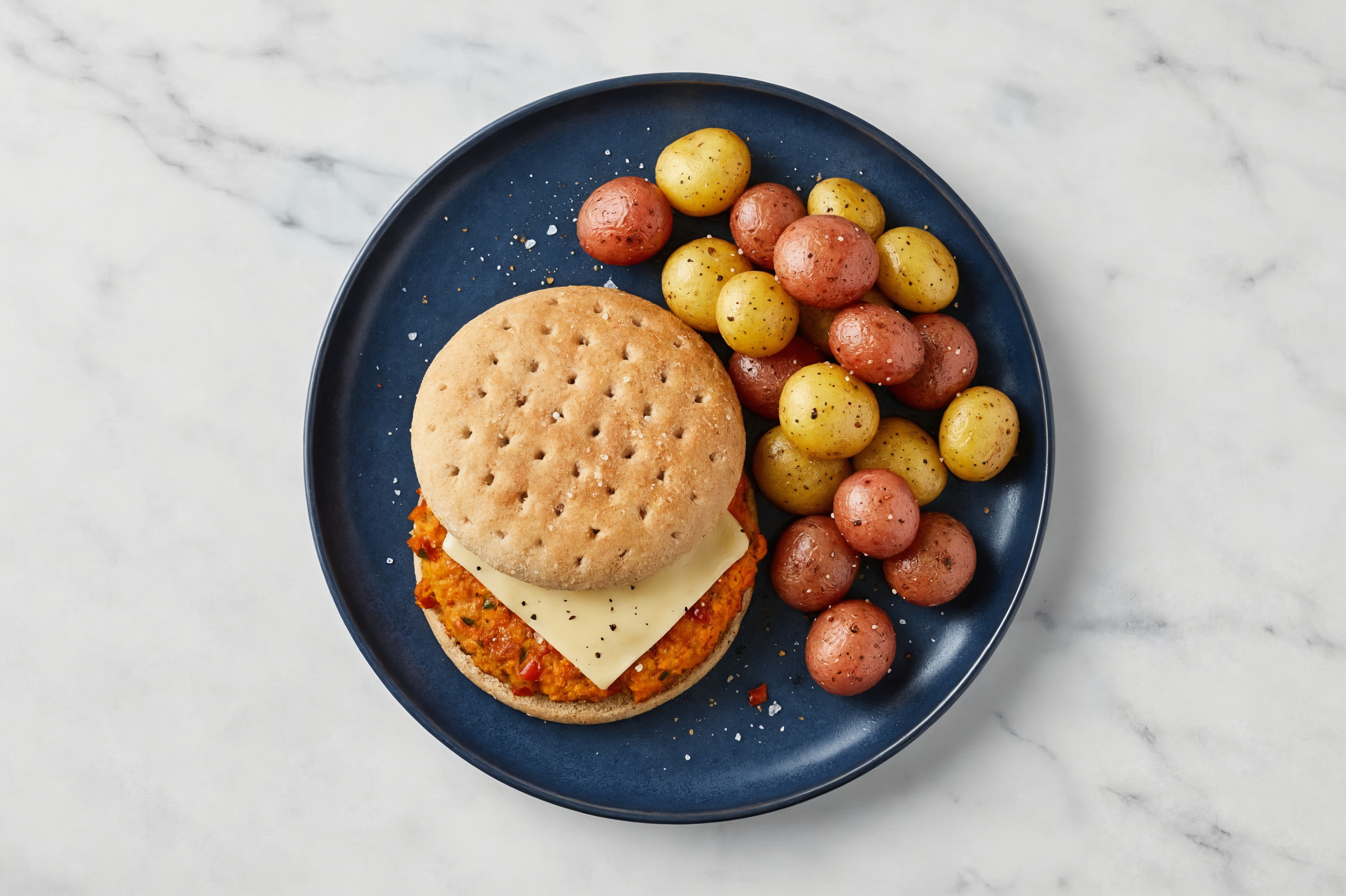 Herby Sweet Potato Veggie Cheeseburger + Roasted Potatoes