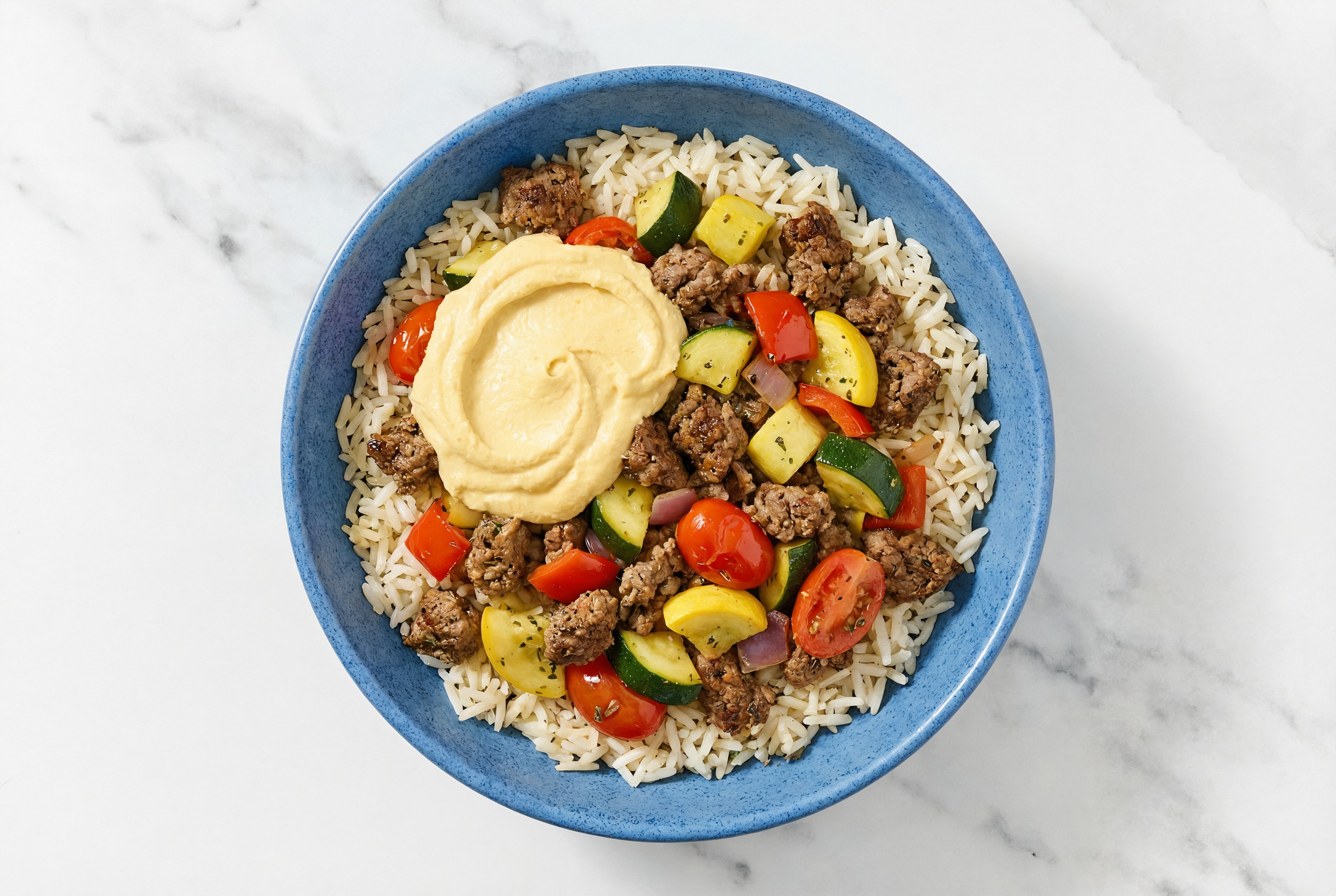 Beef, Ranch Seasoning, Rice, Squash, Pepper Veggies, Lemon Garlic Olive Oil Sea Salt Hummus