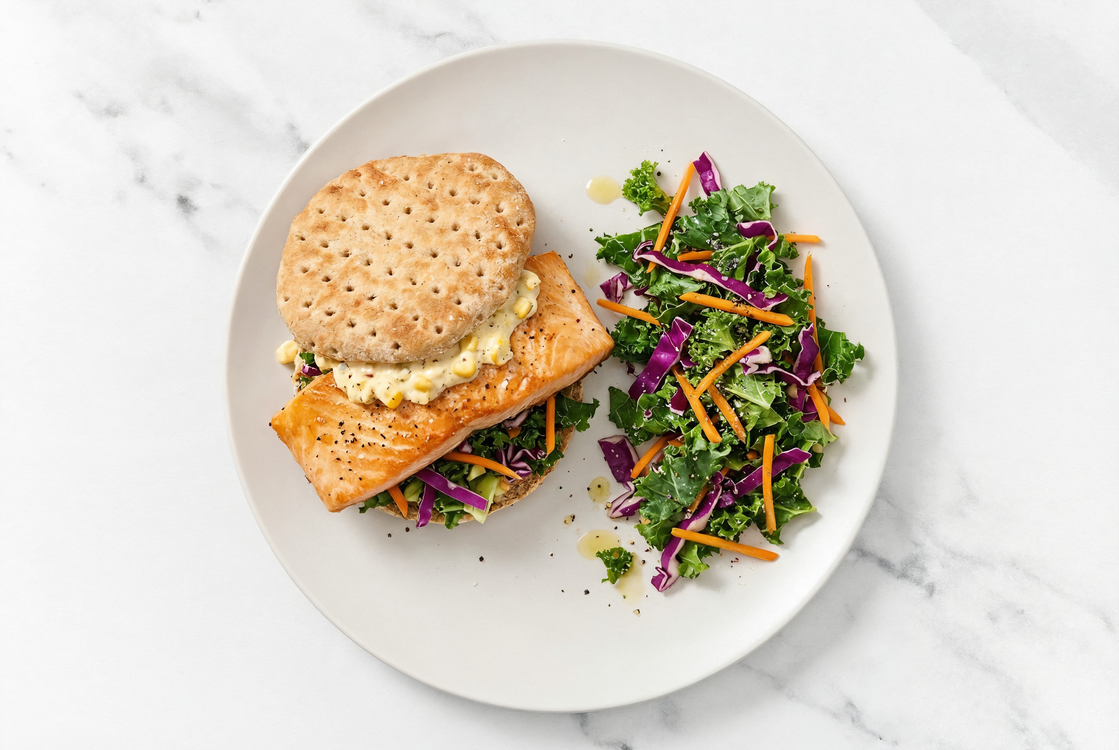 Street Corn Salmon Sandwich on Multigrain with Rainbow Veggies
