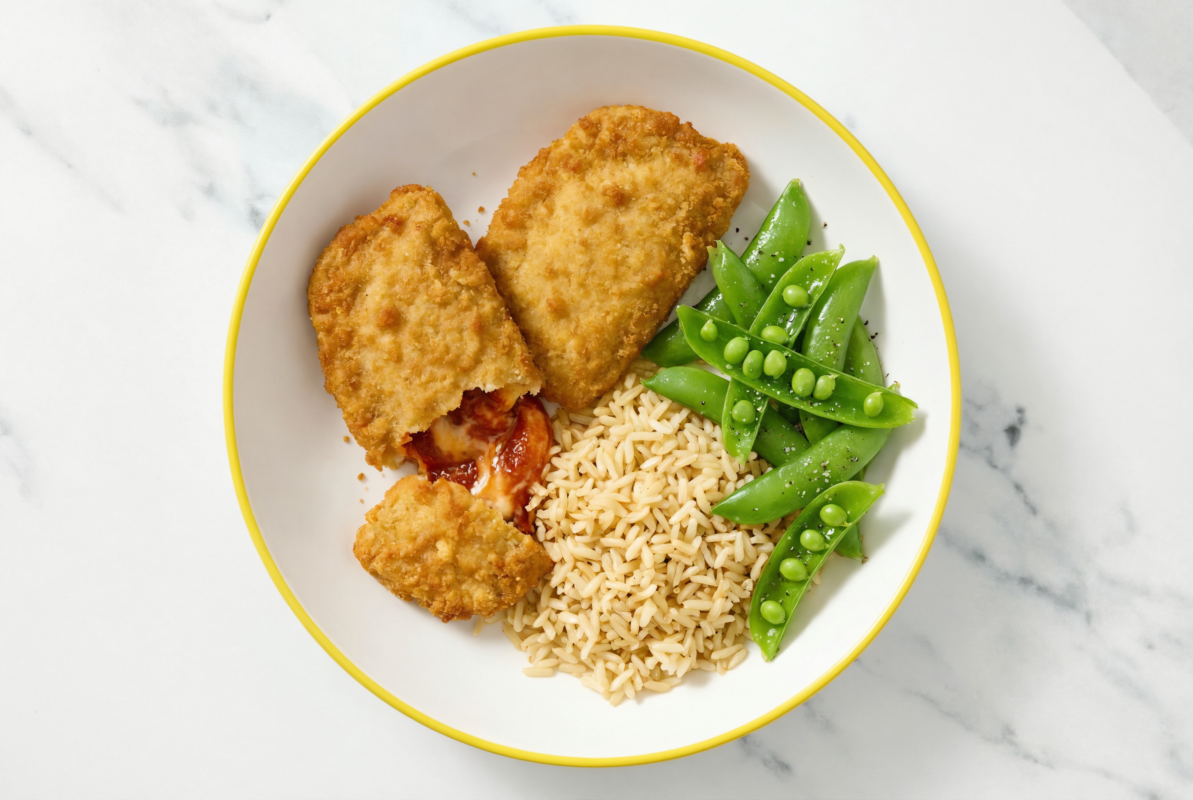 "Chicken" Parm with Snap Peas & Bone Broth Rice