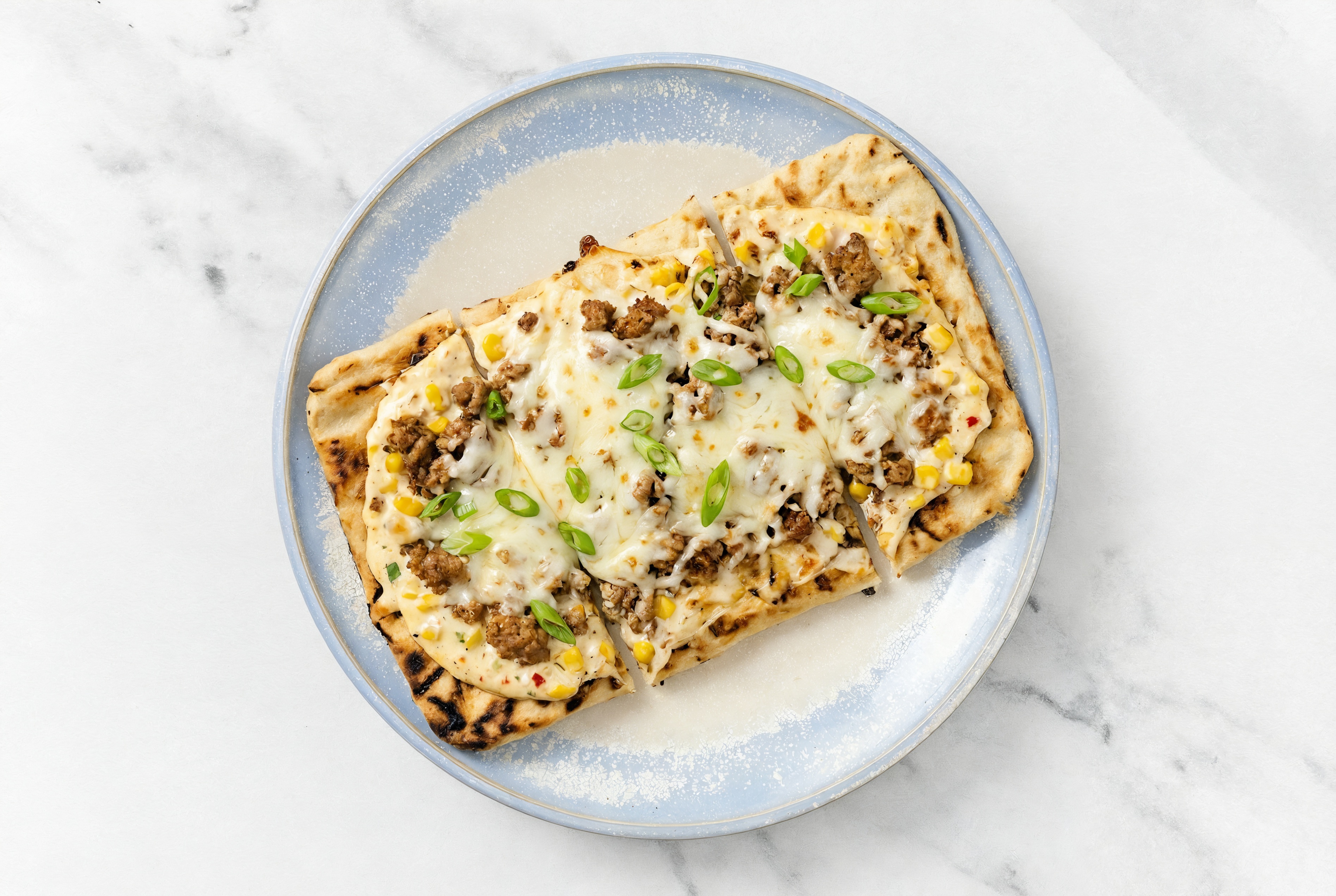 Street Corn Ground Turkey Grilled Pizza with Mozzarella + Fresh Scallions