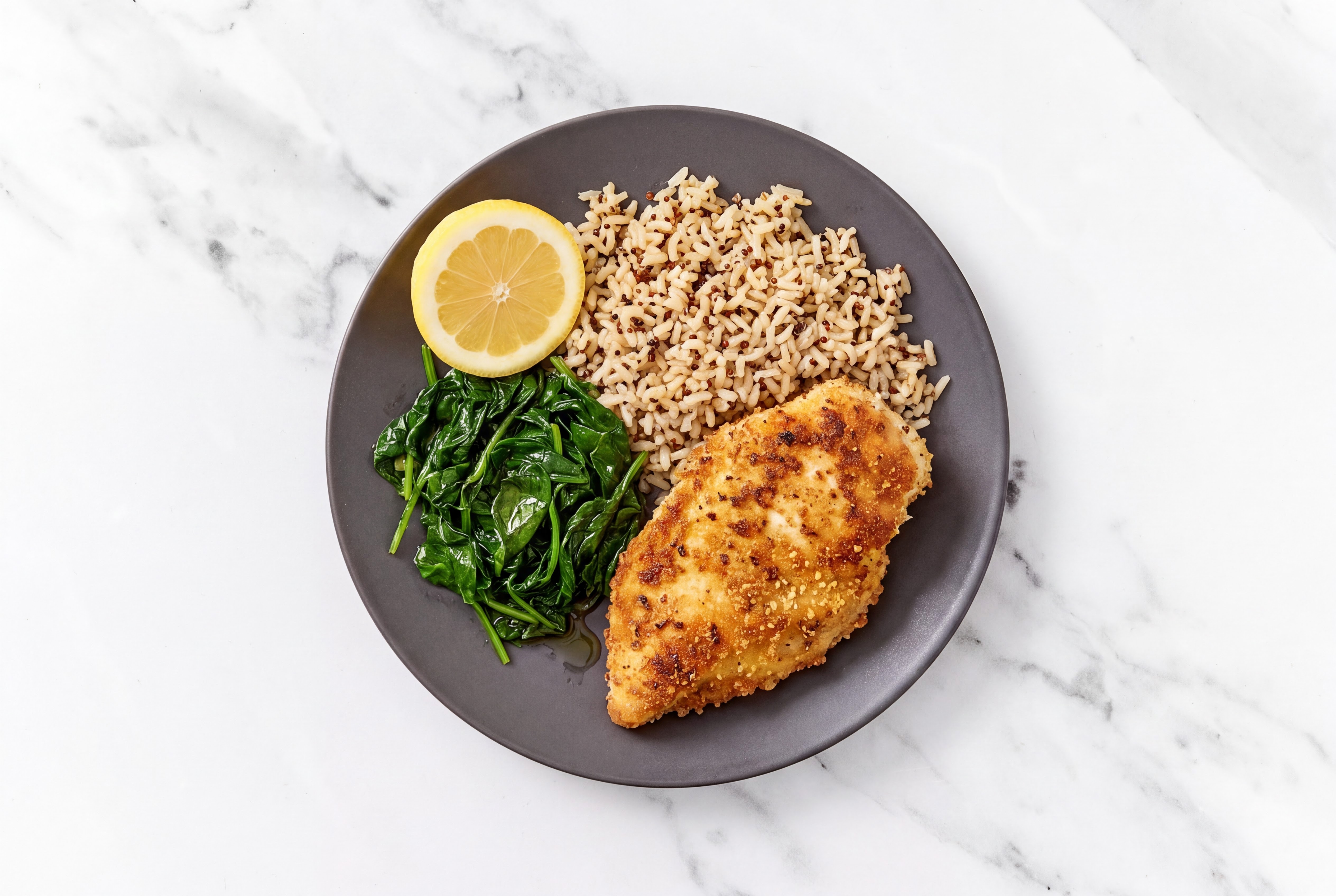 Lemon Parmesan Breaded Chicken Cutlet with Baby Spinach & Brown Rice