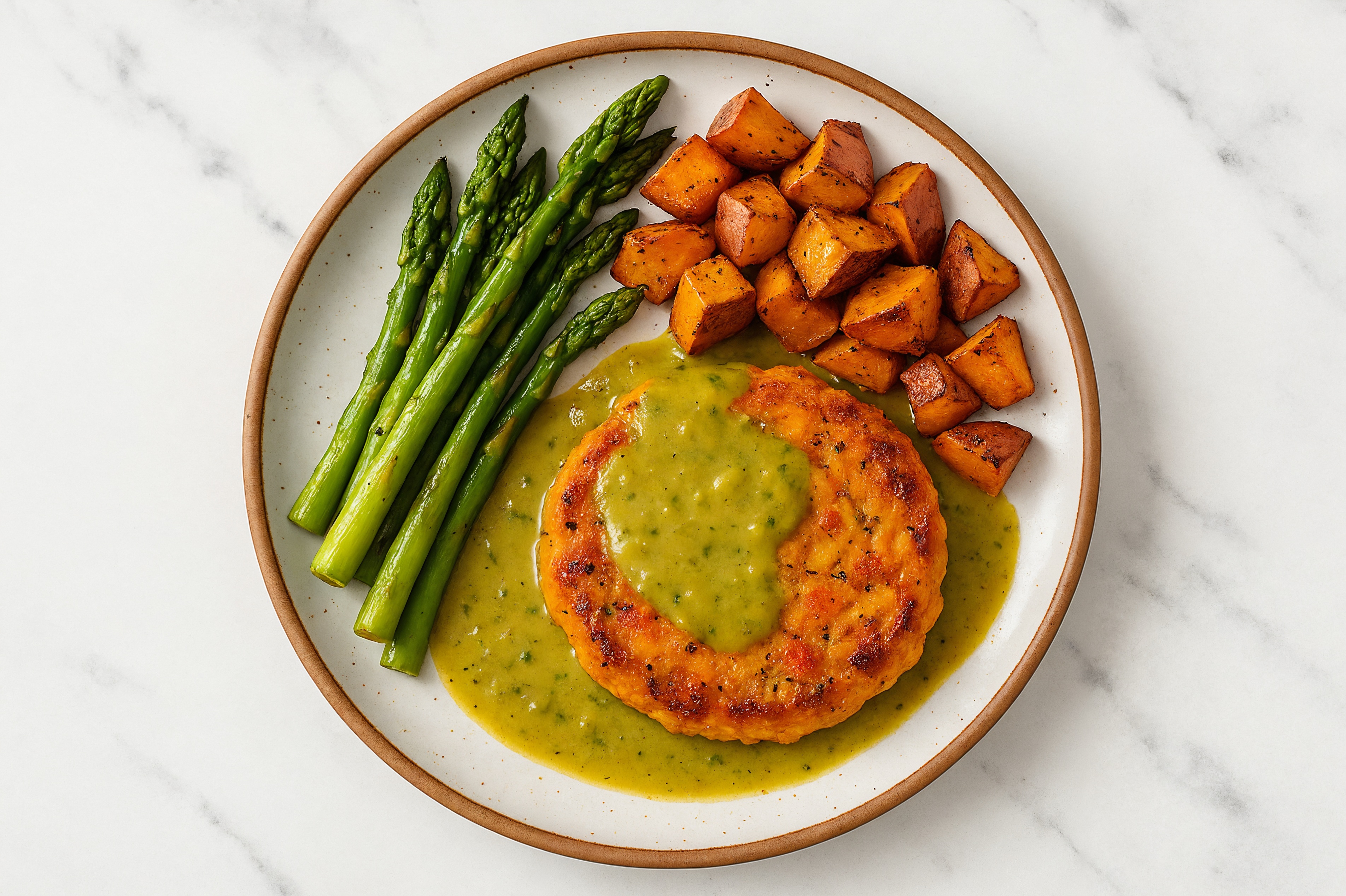 Green Chile Sweet Potato Patty with Sweet Potatoes & Asparagus