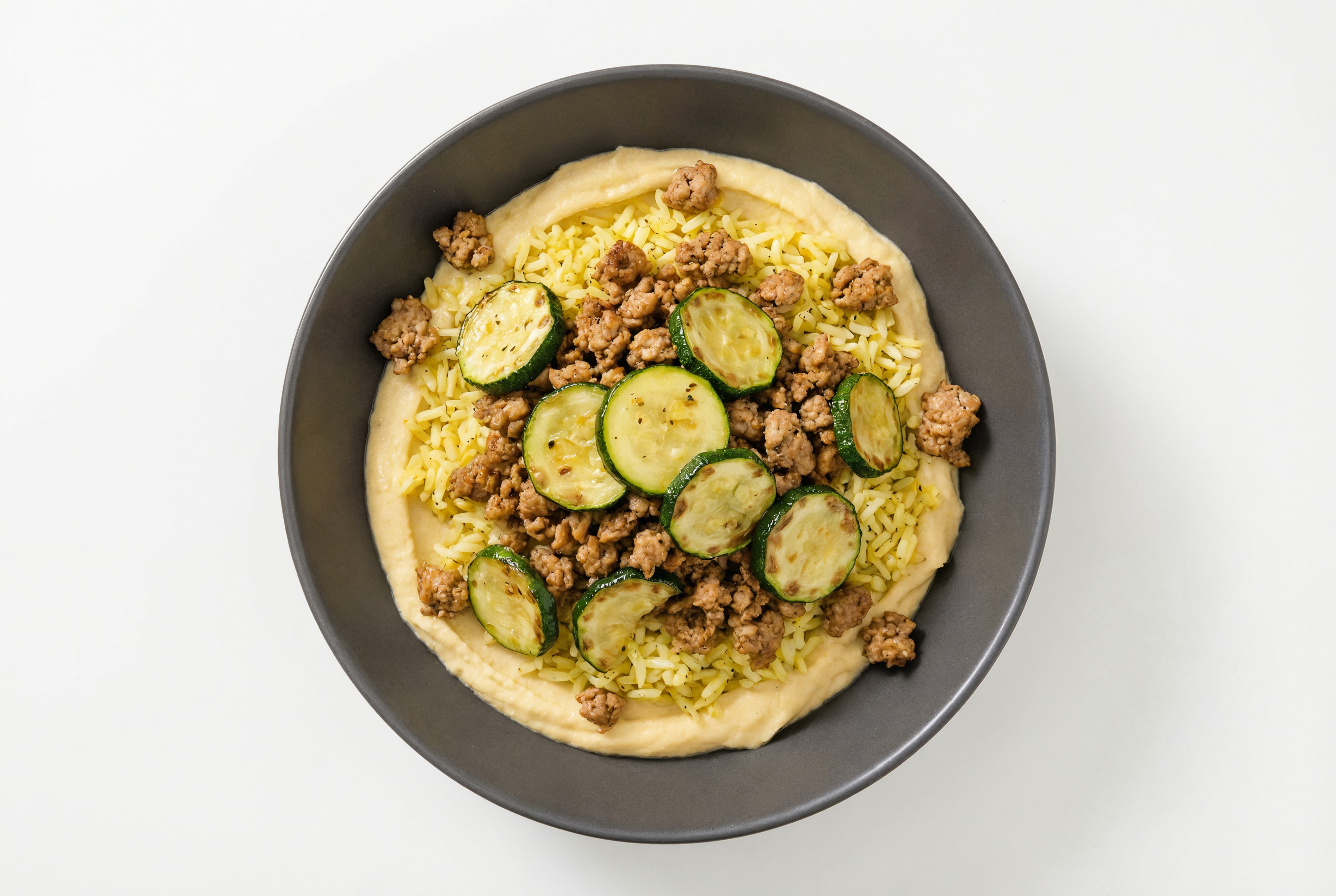 Ground Turkey & Zucchini Grain Bowl with Lemon Garlic Hummus