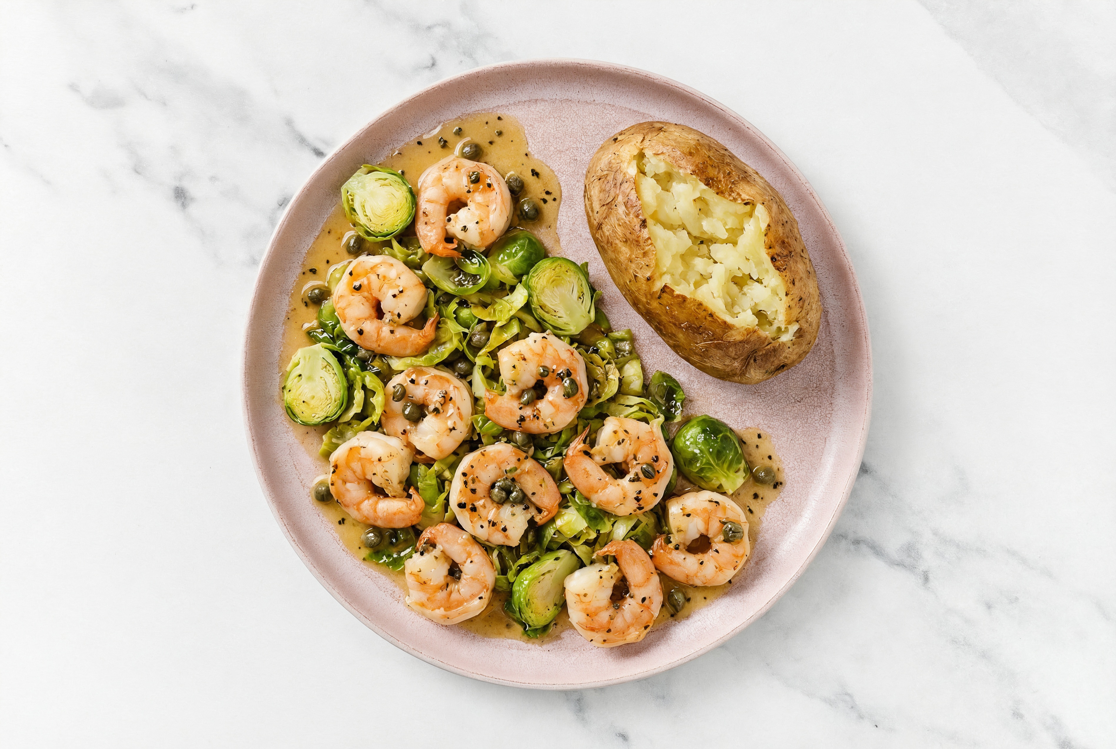 Caper-Slow Churned Lemon & Peppercorn Pasture Butter Shrimp with Russet Potato & Brussels