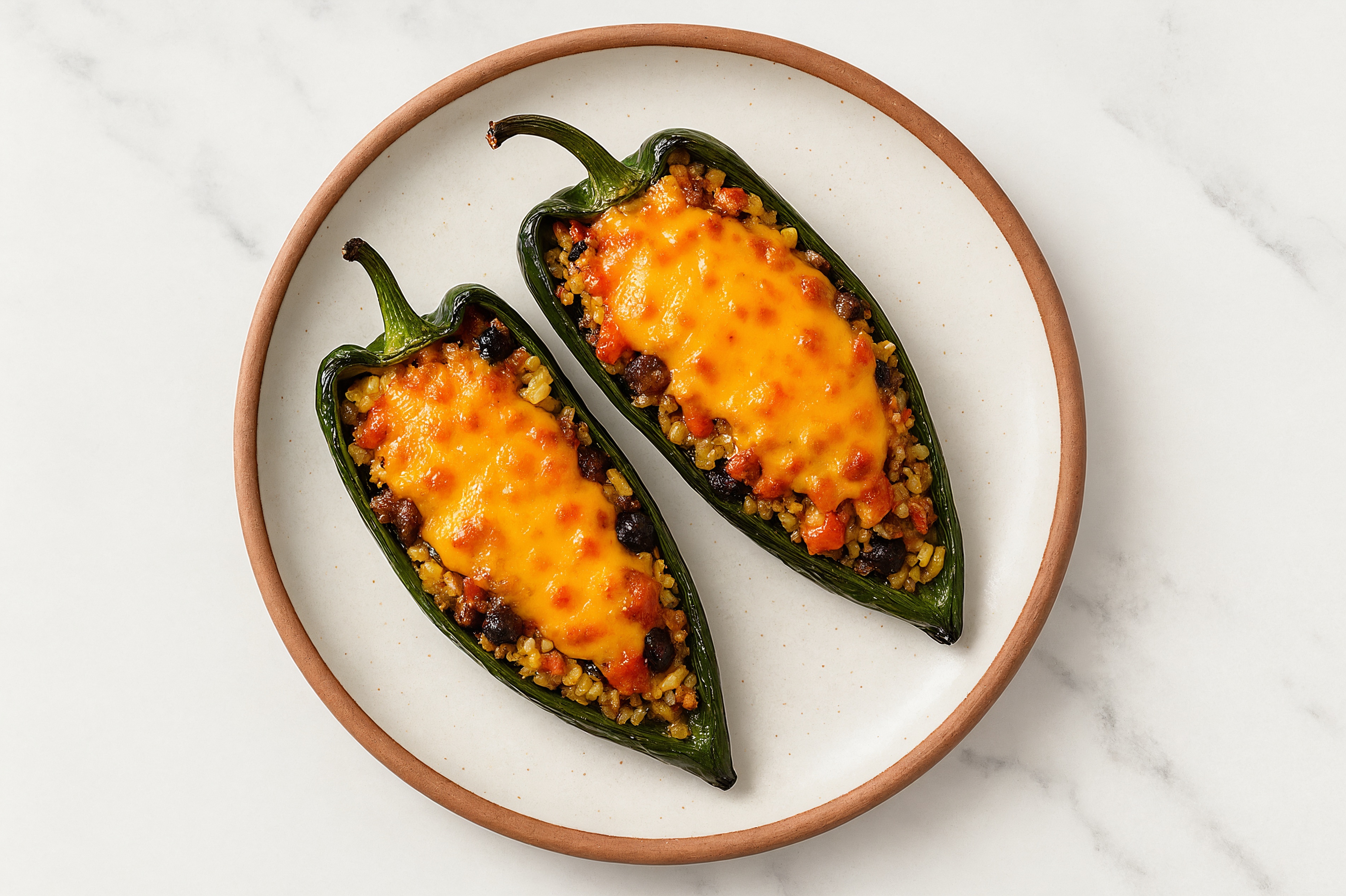 Herby Cheesy Wagyu Beef Stuffed Poblano Peppers with Shredded Sharp Cheddar Cheese