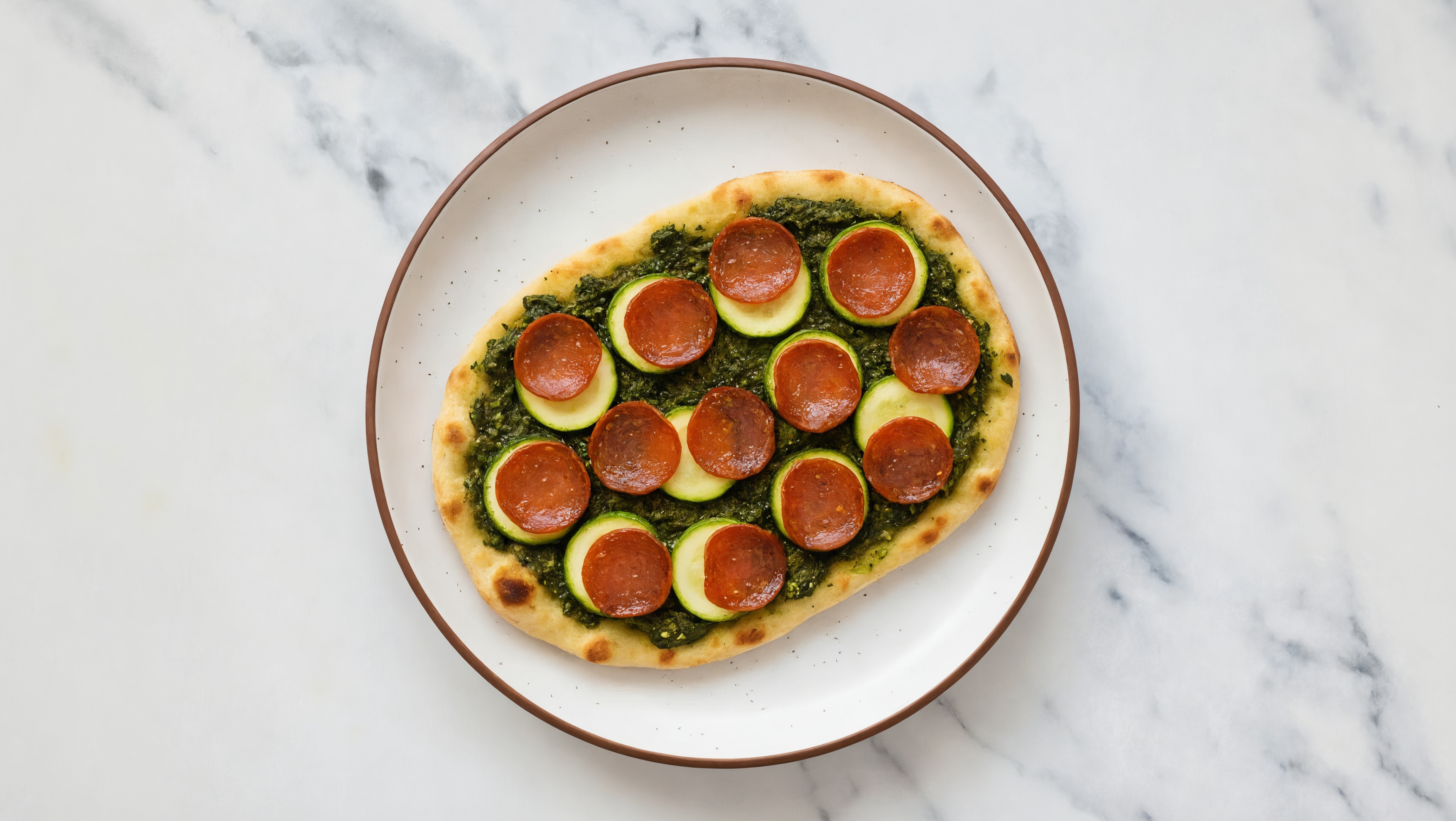 Pepperoni Pesto Naan Flatbread with Zucchini