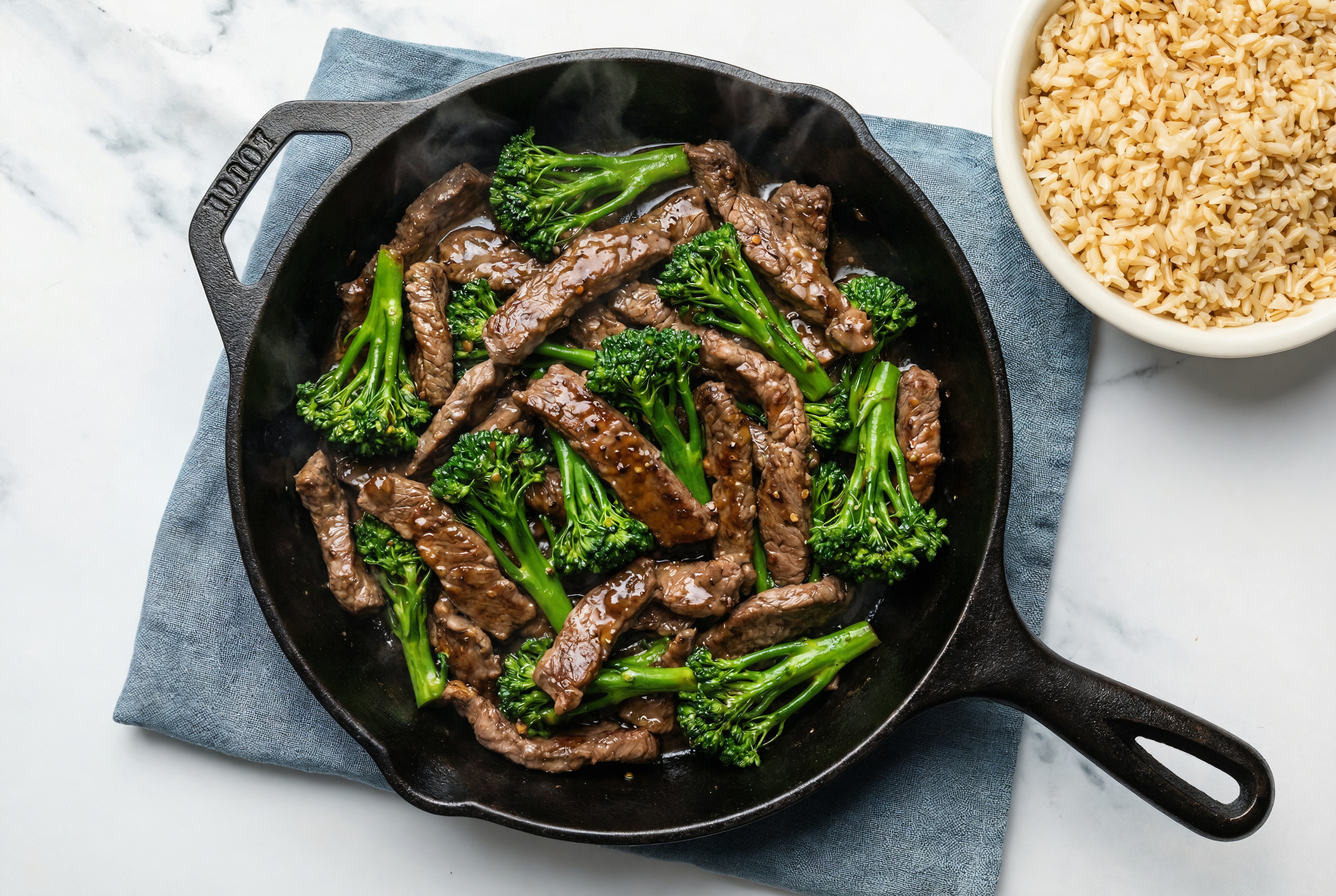 Tangy Pepper Beef Strip Stir-Fry with Baby Broccoli over Brown Rice