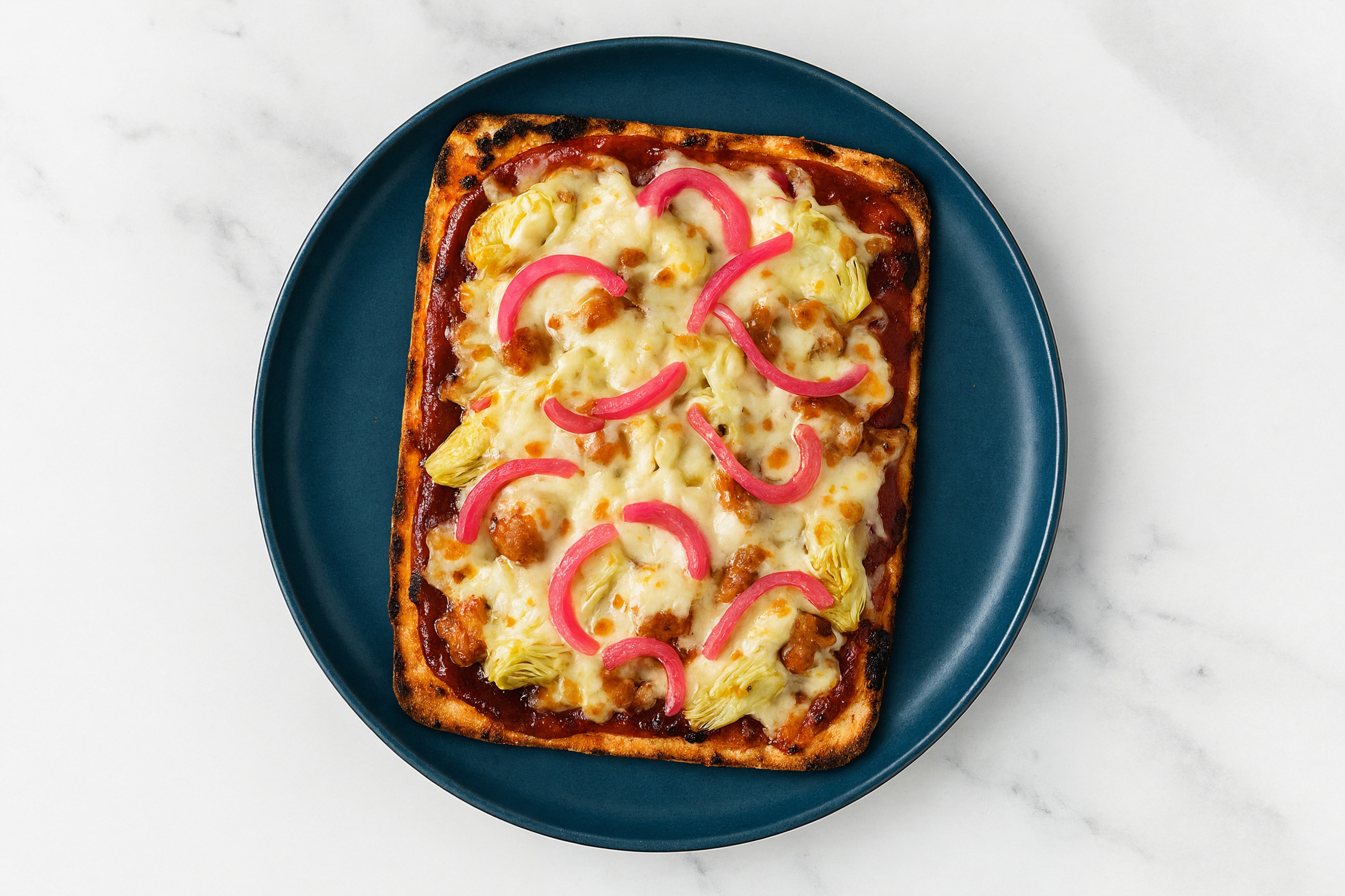 BBQ Turkey Sausage + Artichoke Pizza with Pickled Onion with Original BBQ