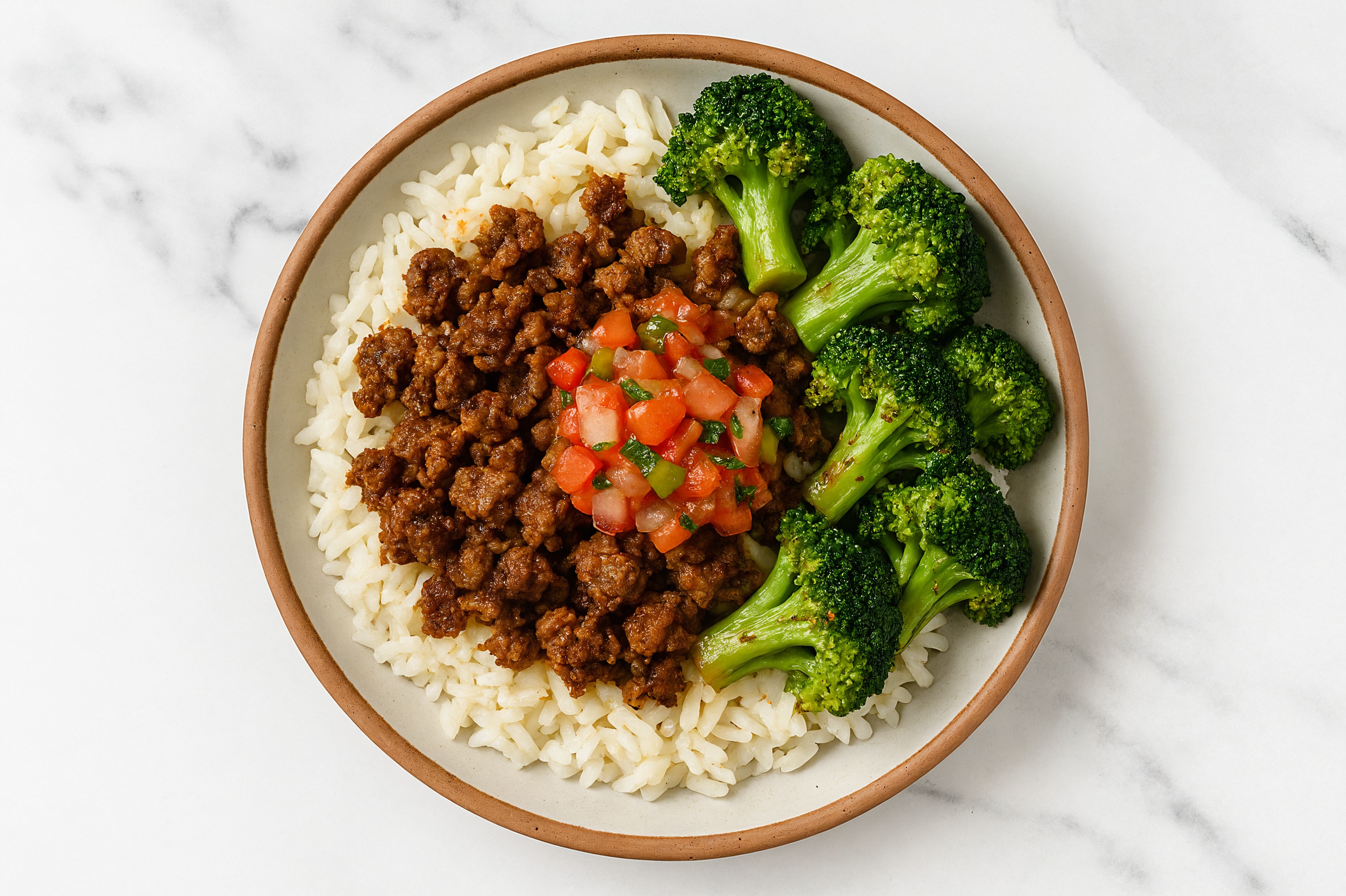 Beef Taco Bowl, Mild Salsa, Rice, + Broccoli