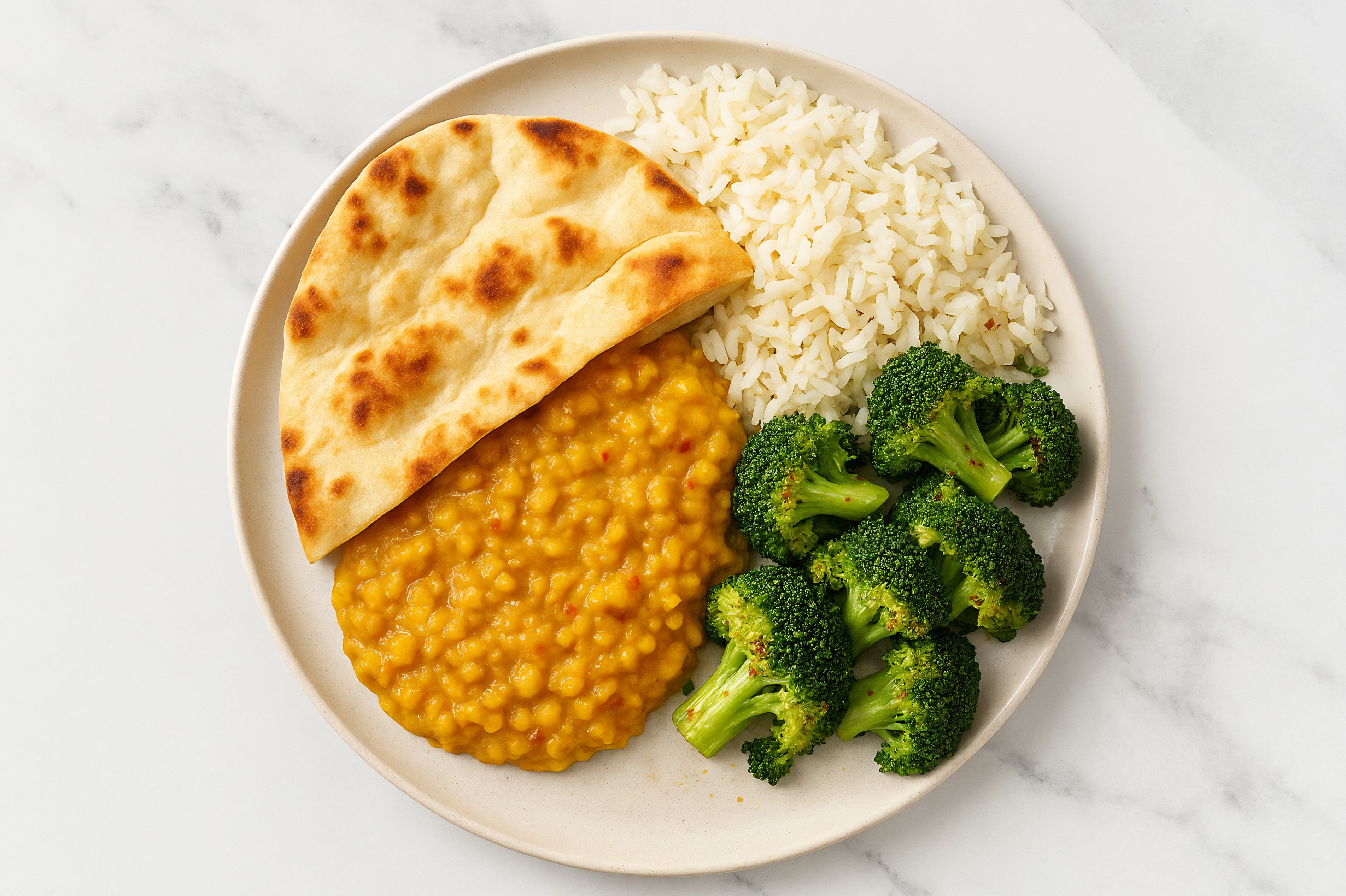 Broccoli + Red Lentil Dal Long Grain White Rice Bowl with Naan