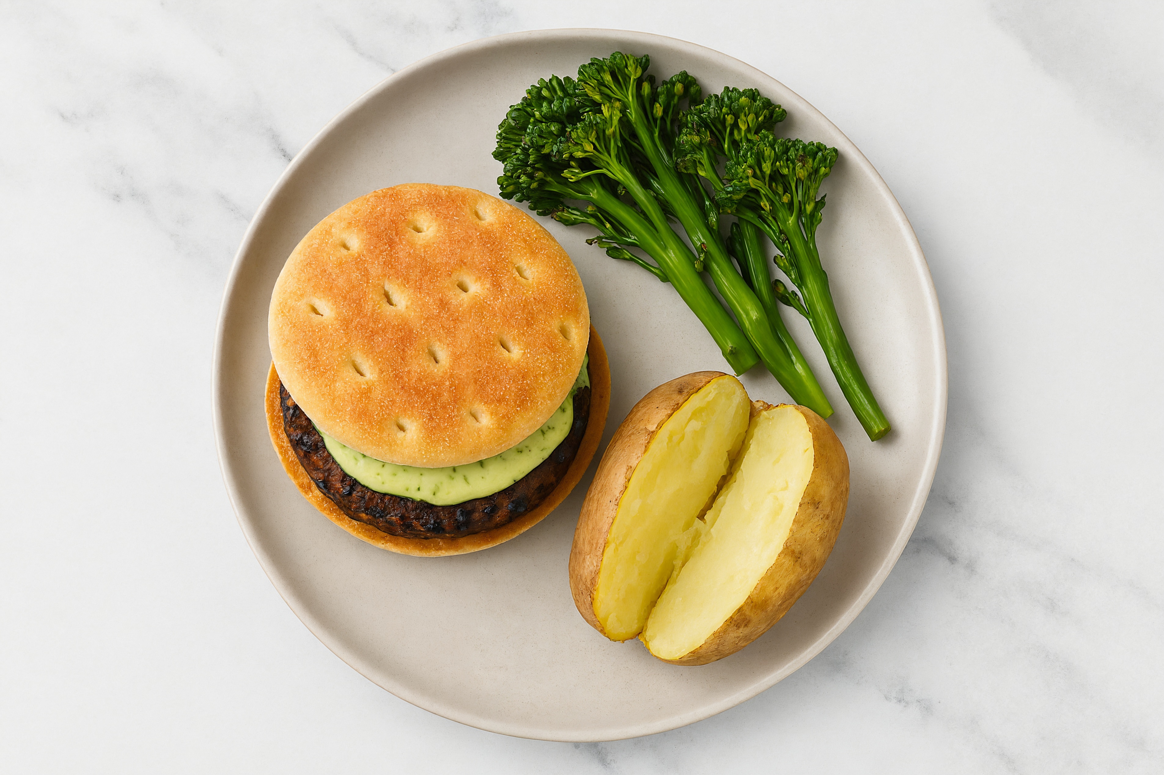 Jalapeño Black Bean Burger on Brioche with Baby Broccoli