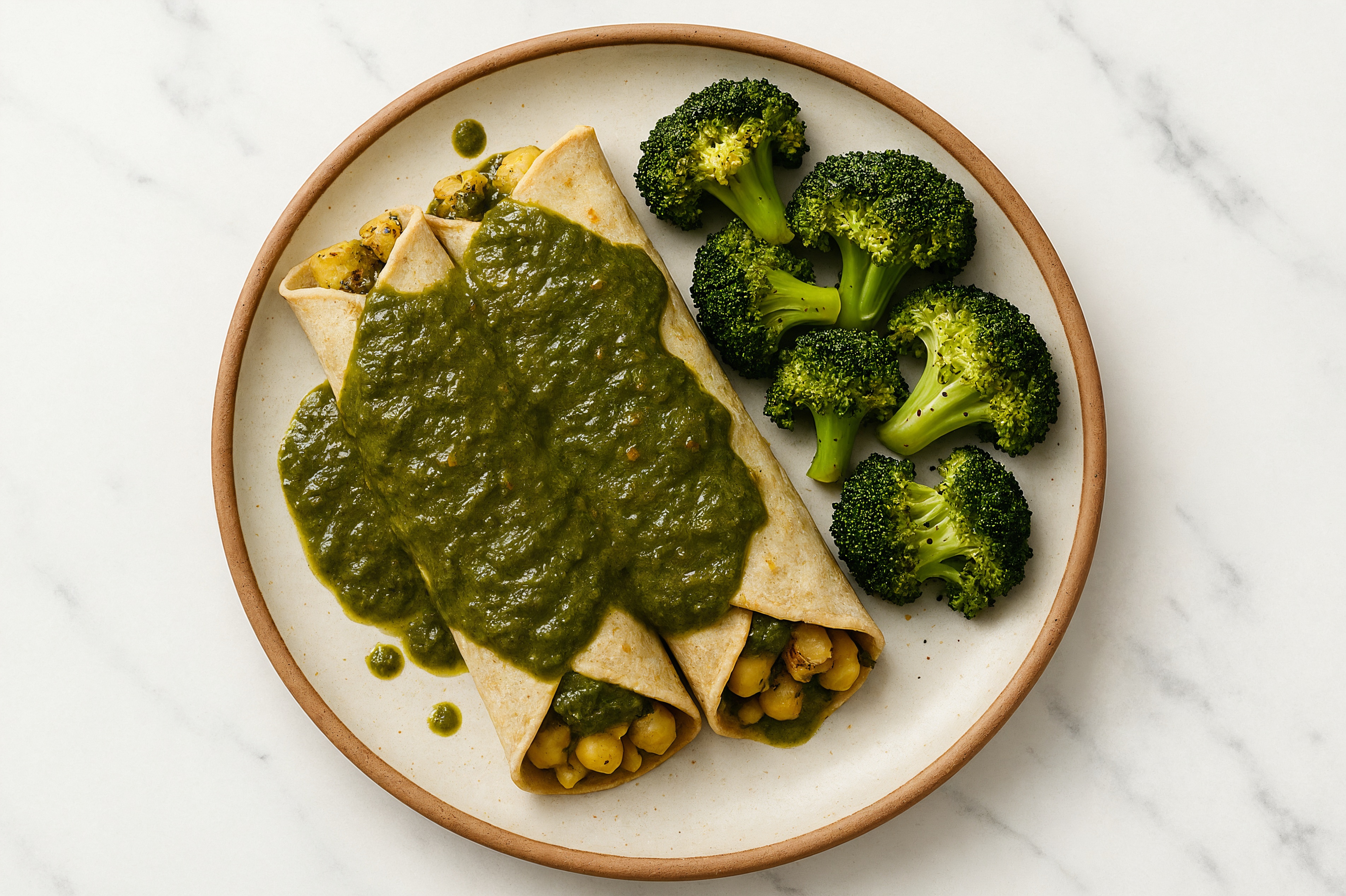 Saag Chickpea + Potato Enchiladas with Organic Broccoli