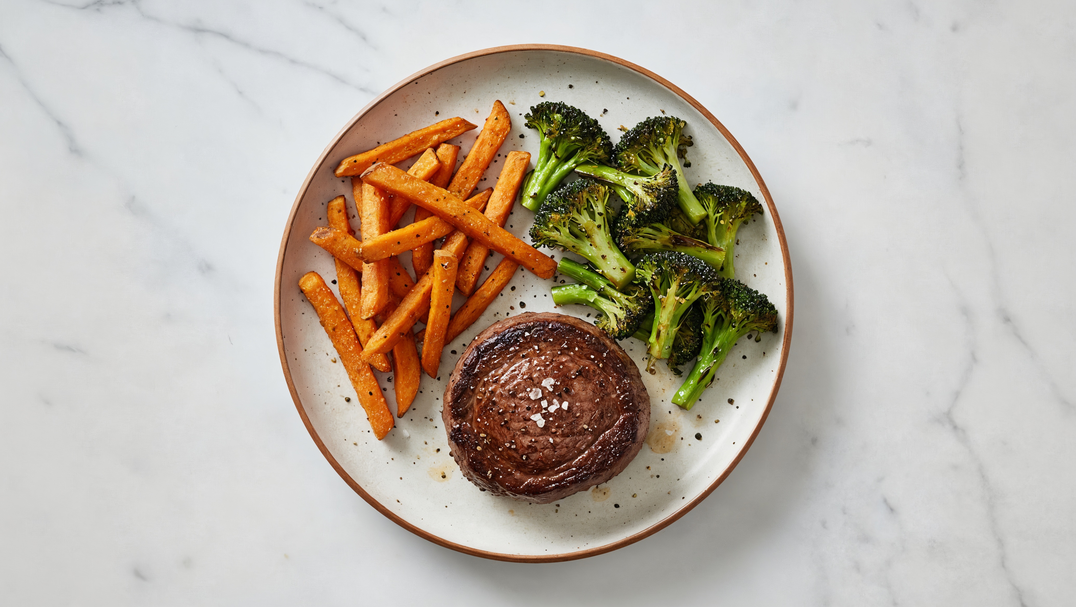 Filet Mignon + Sweet Potato Fries with Broccoli Florets
