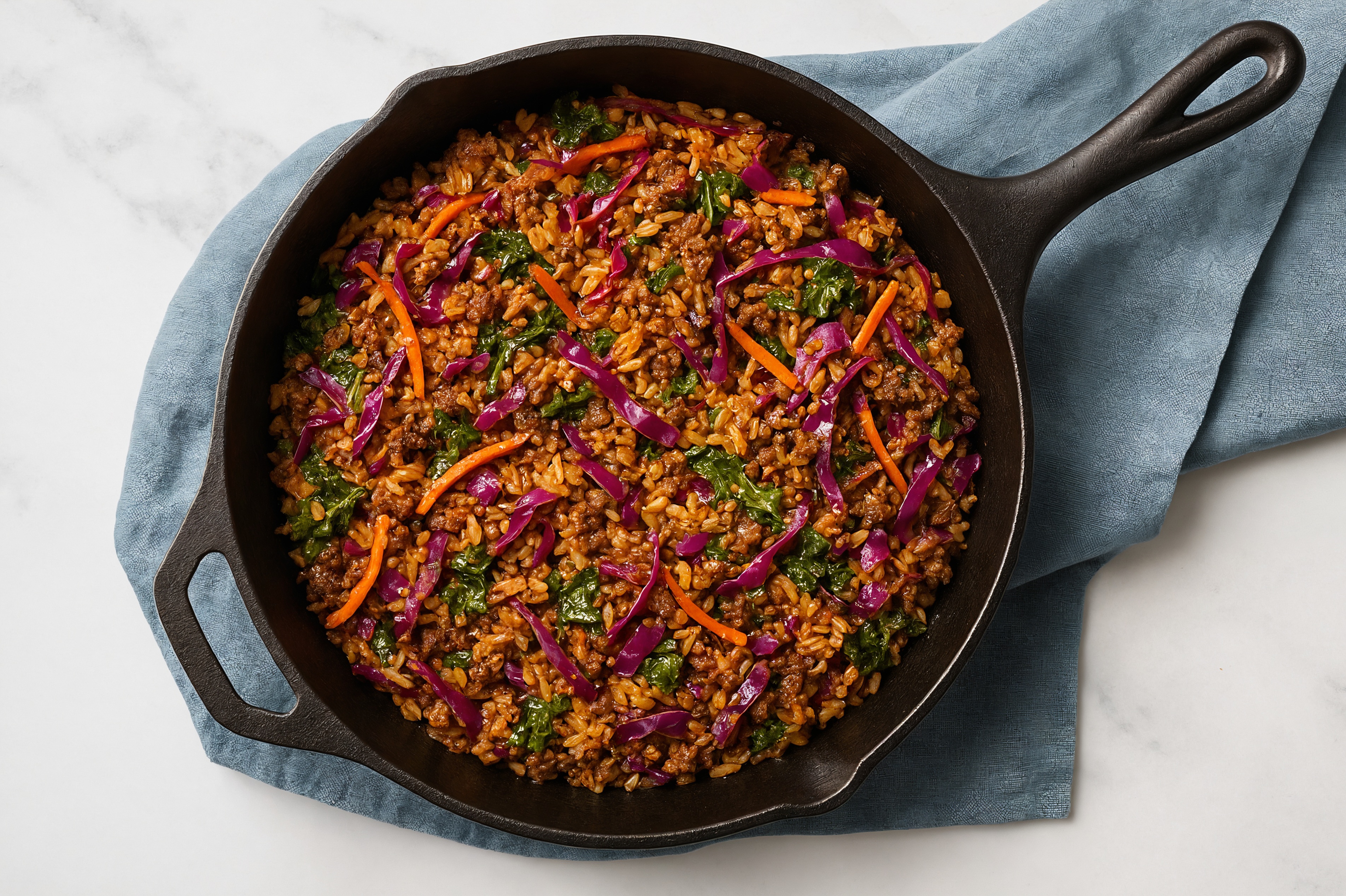Sesame Ginger Rainbow Veggie + Ground Beef Patties Stir-Fry