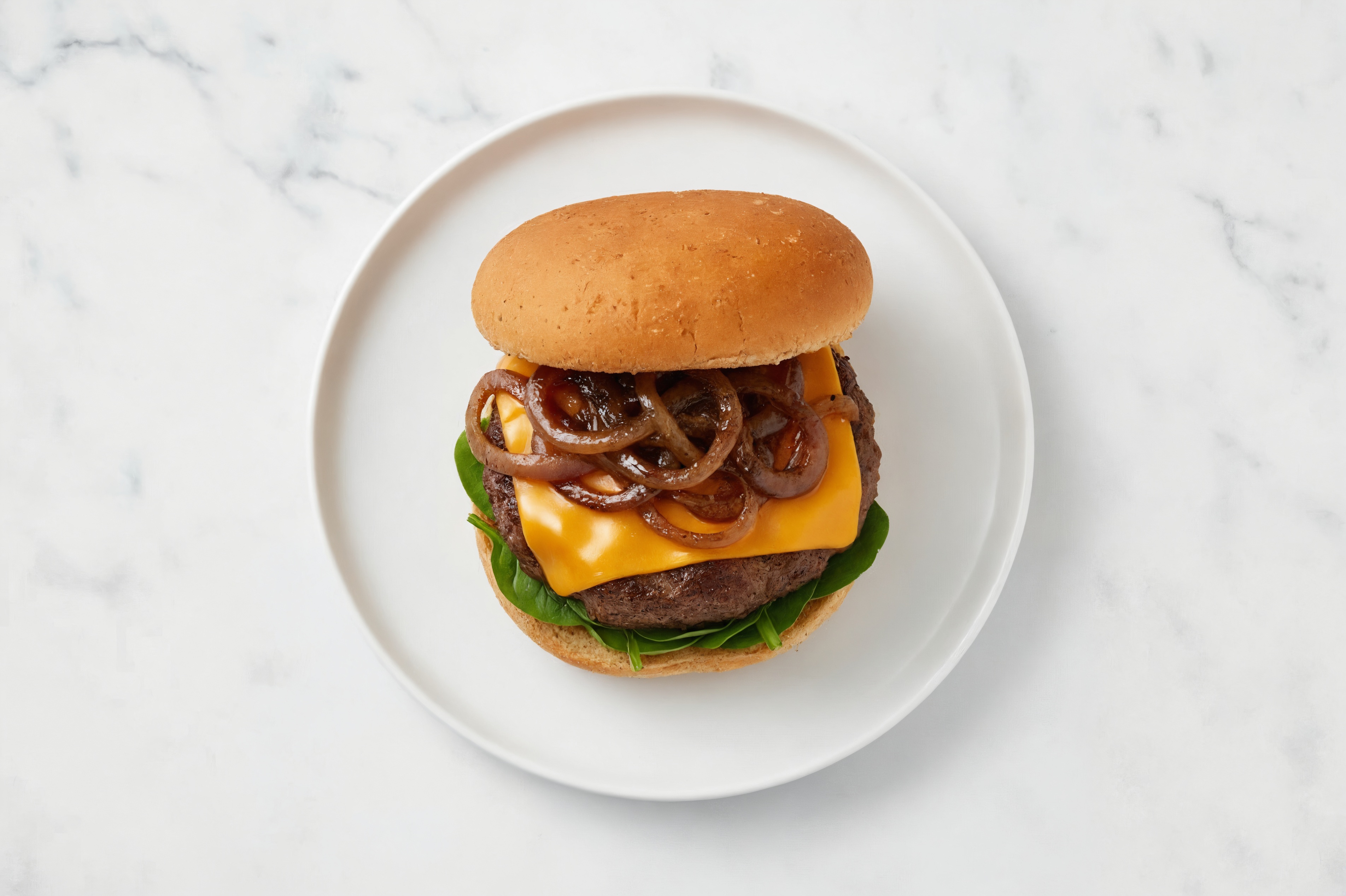 Hearty Cheeseburger with Sautéed Onions with Sprouted Whole Grain Burger Buns