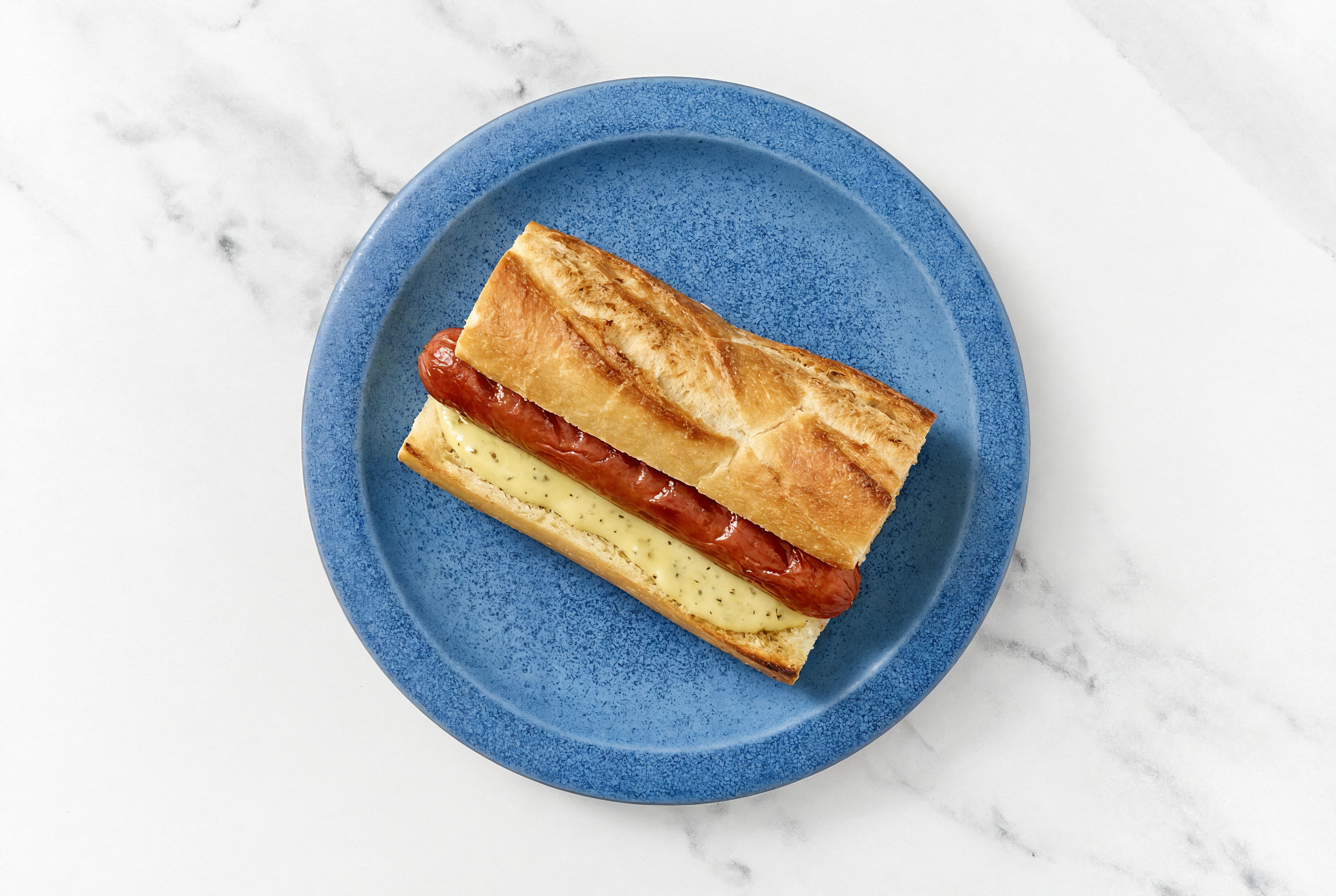 Beef Hot Dog with Honey Musard Garlic Sauce on Baguette