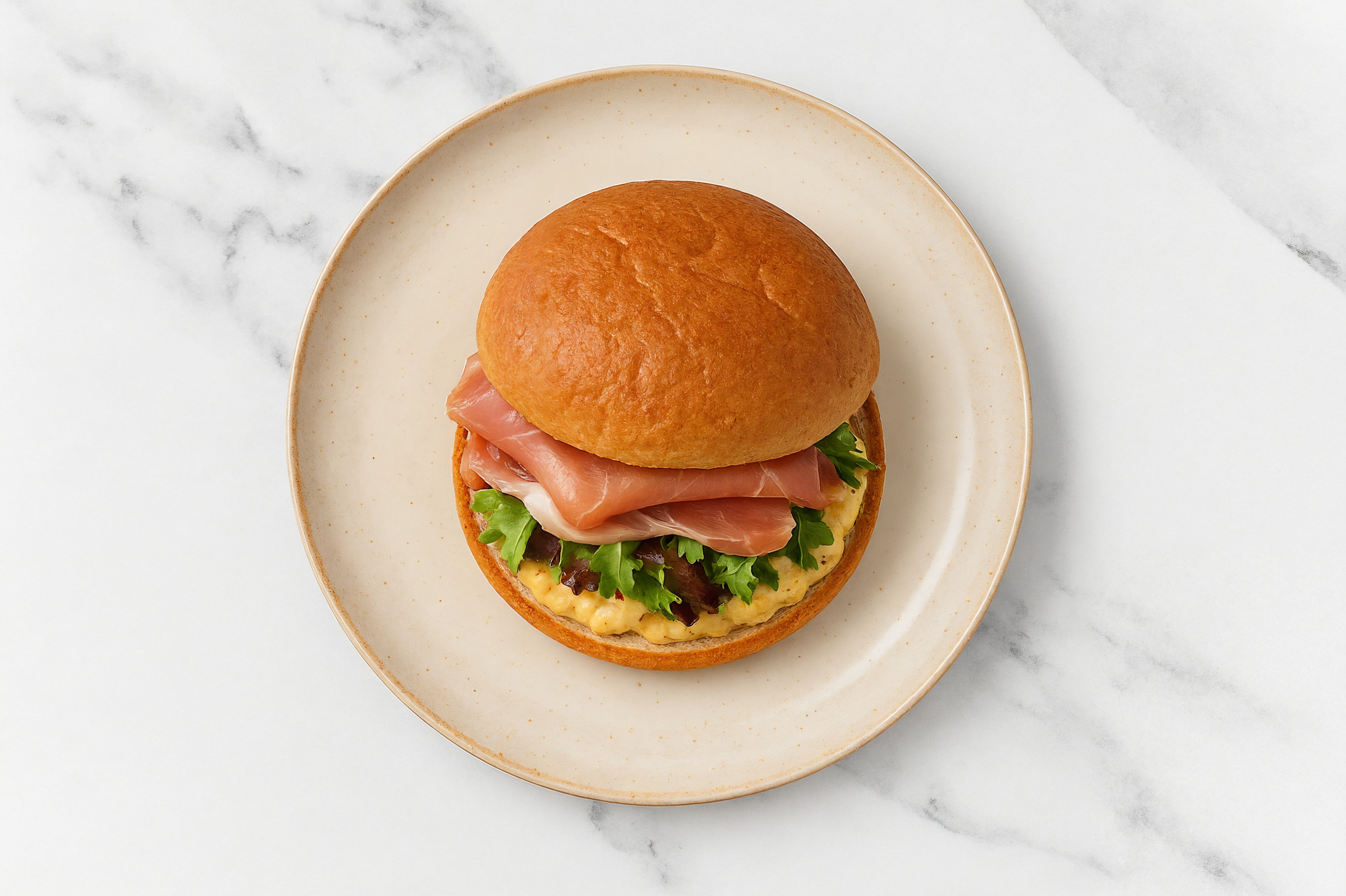 Street Corn Prosciutto Sandwich with Spring Mix on Gluten-Free Buns