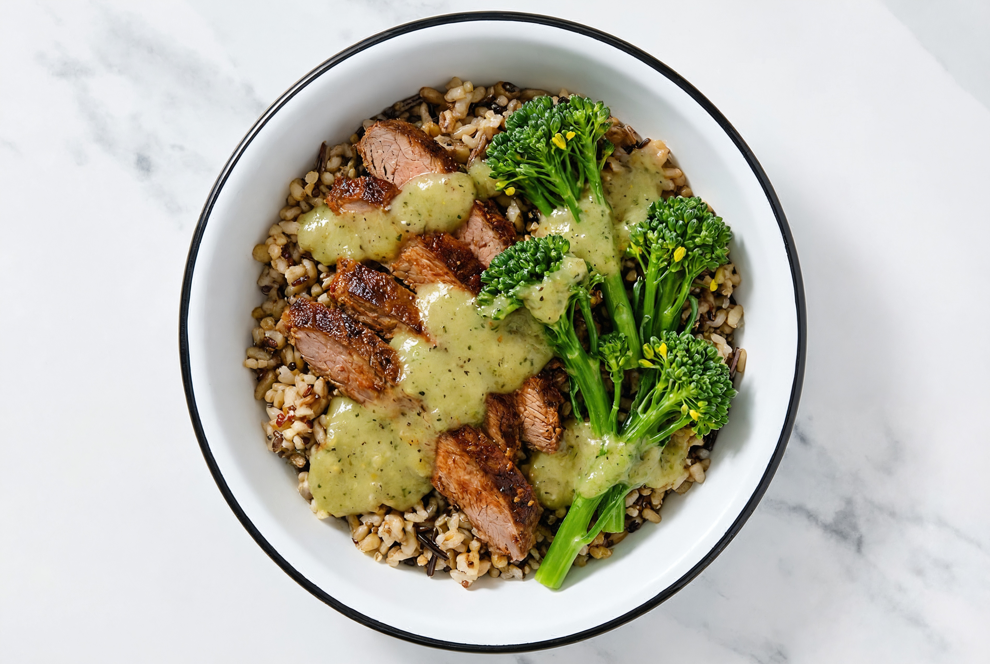 Flank Steak & Baby Broccoli Grain Bowl with Green Chile