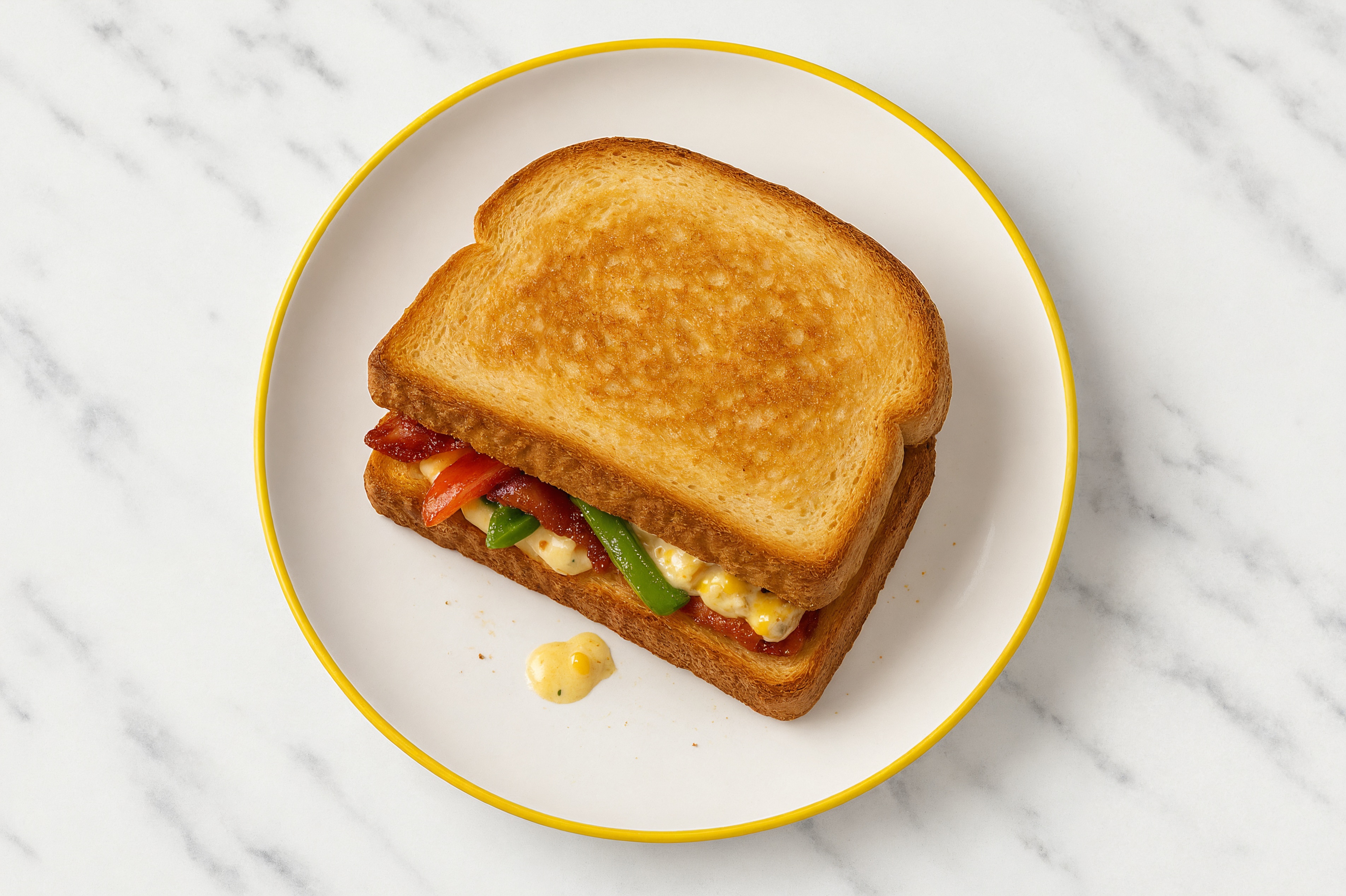 Street Corn Smoked Bacon Sandwich with Peppers + Onion on Honey White Bread
