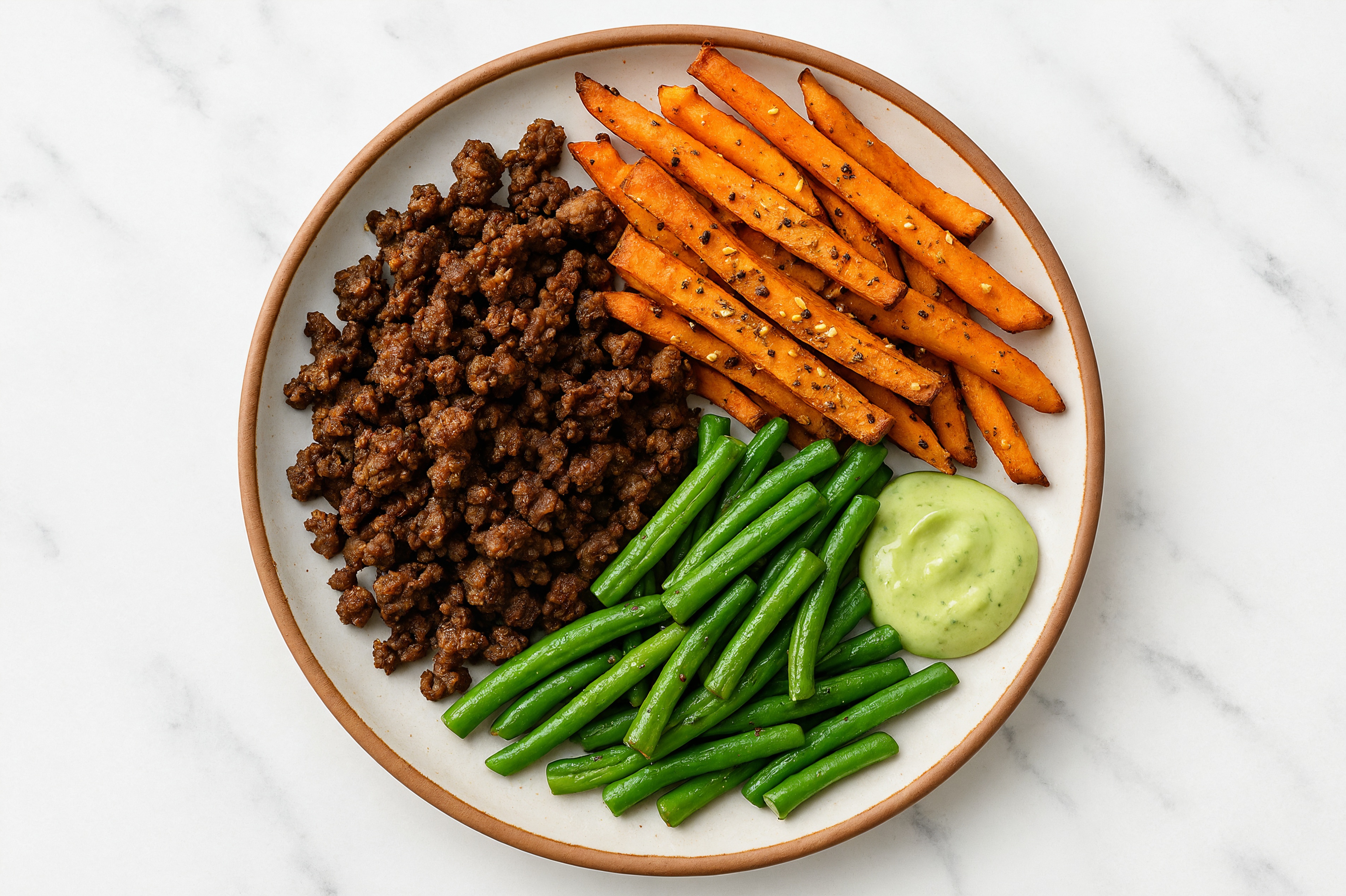 Ground Bison Bowl with Trimmed Green Beans, Za'atar Seasoning, Sweet Potato Fries + Vegan Green Goddess Dressing