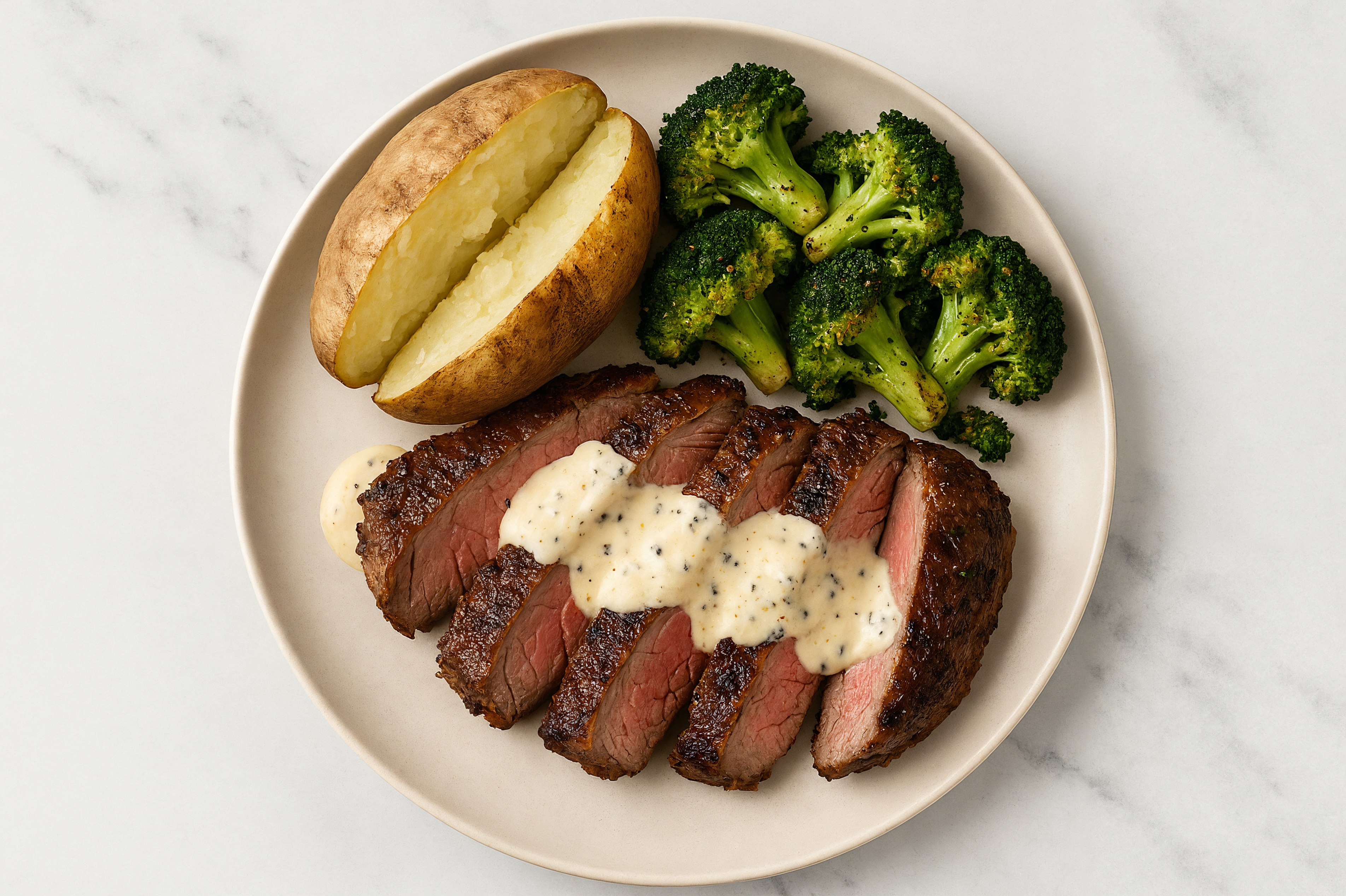  Creamy Asiago + Peppercorn Ribeye with a Baked Potato with Broccoli Florets