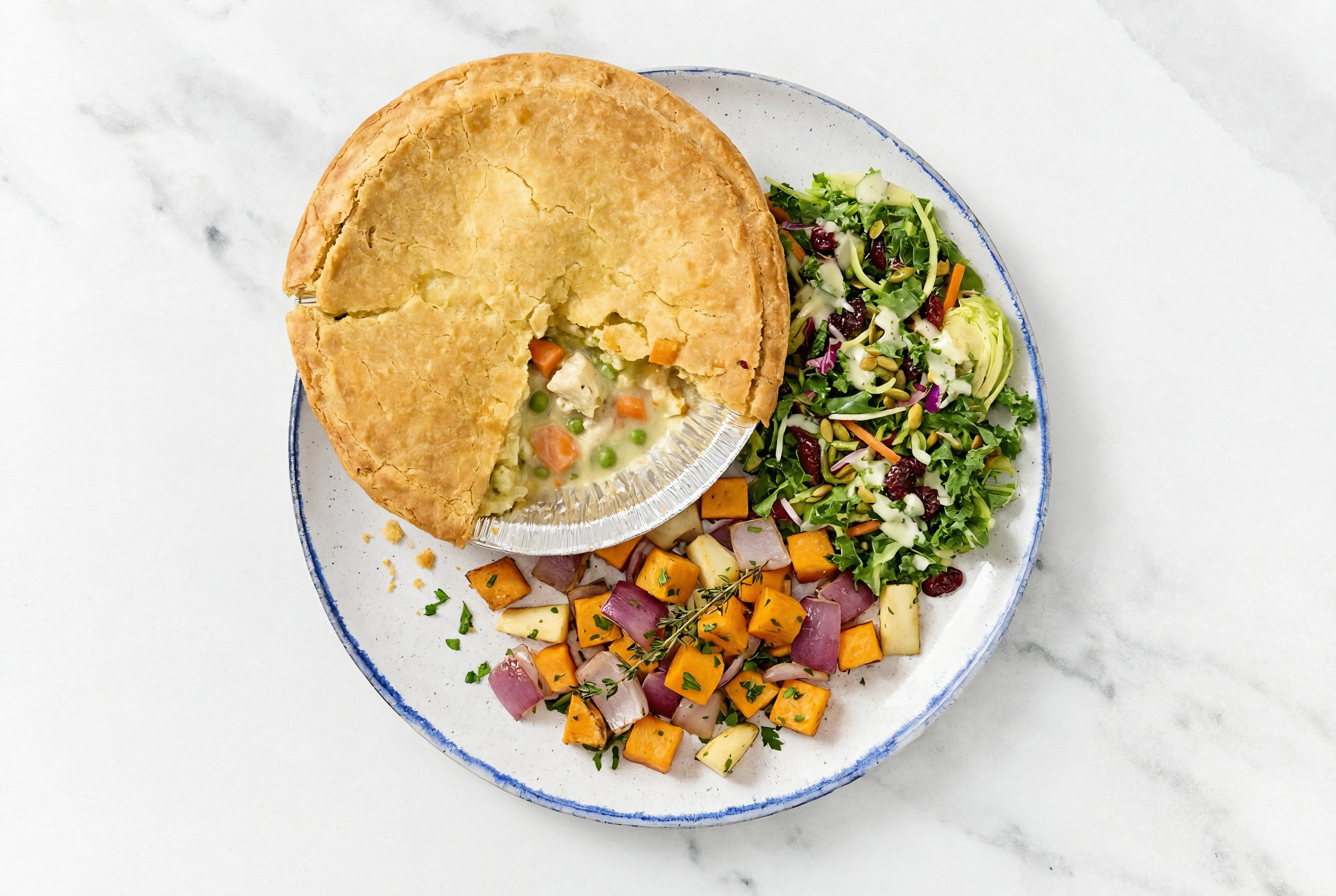 Chicken Pot Pie with Roasting Veggies & Kale Salad