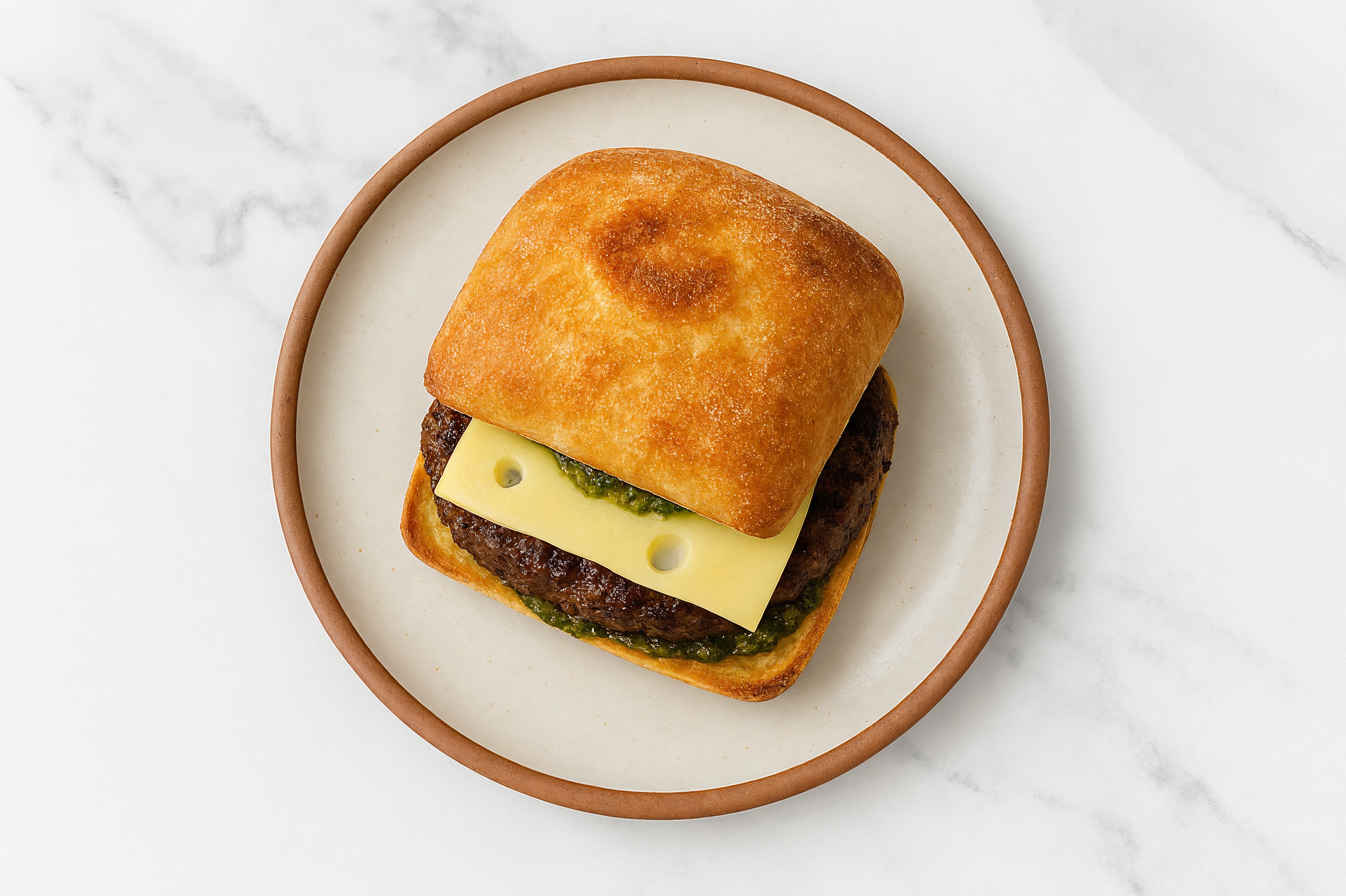 Bison Burger on Ciabatta with Spinach Pesto & Swiss
