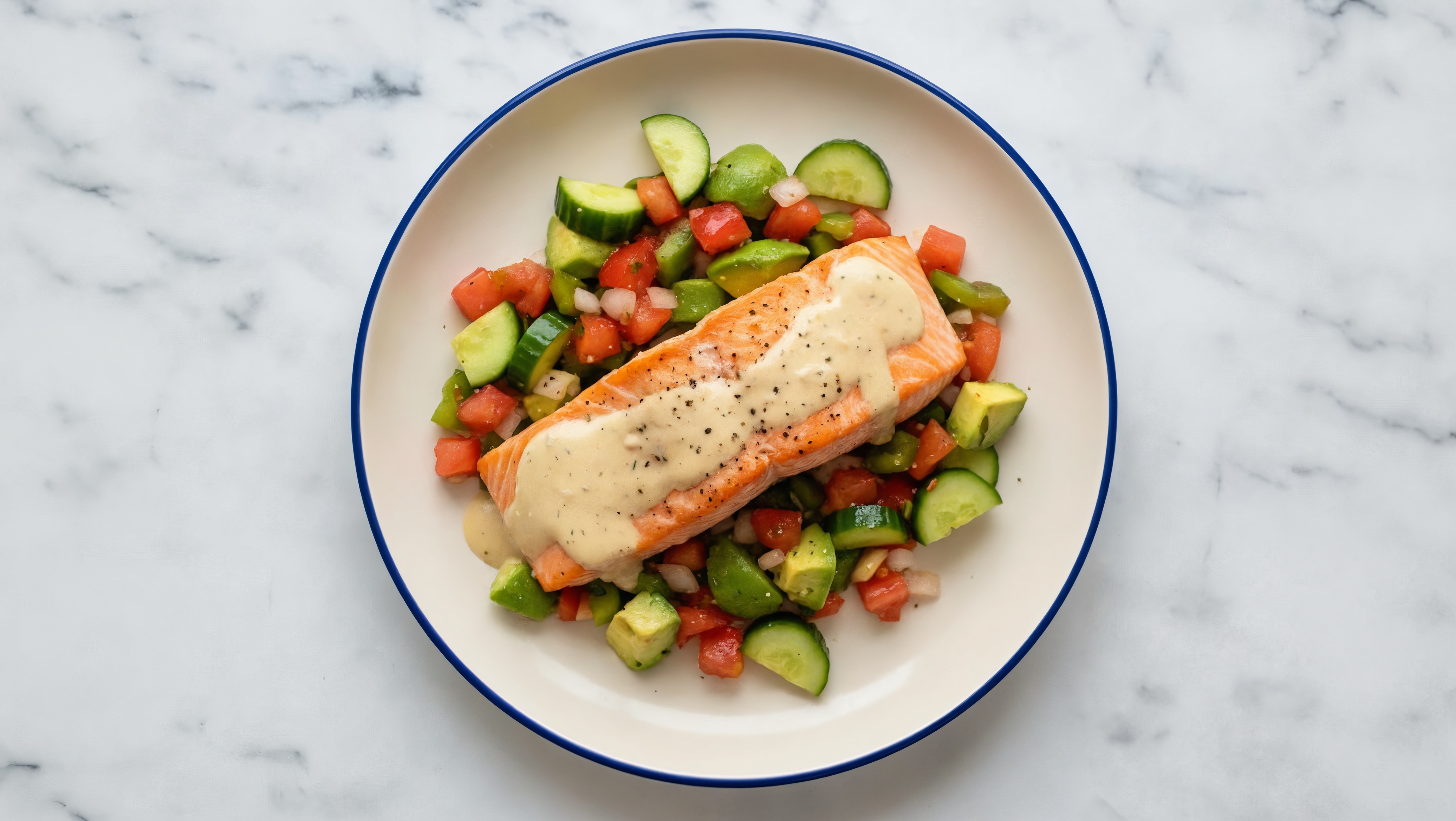 Tahini Marinated Salmon + Fresh Veggie Salsa
