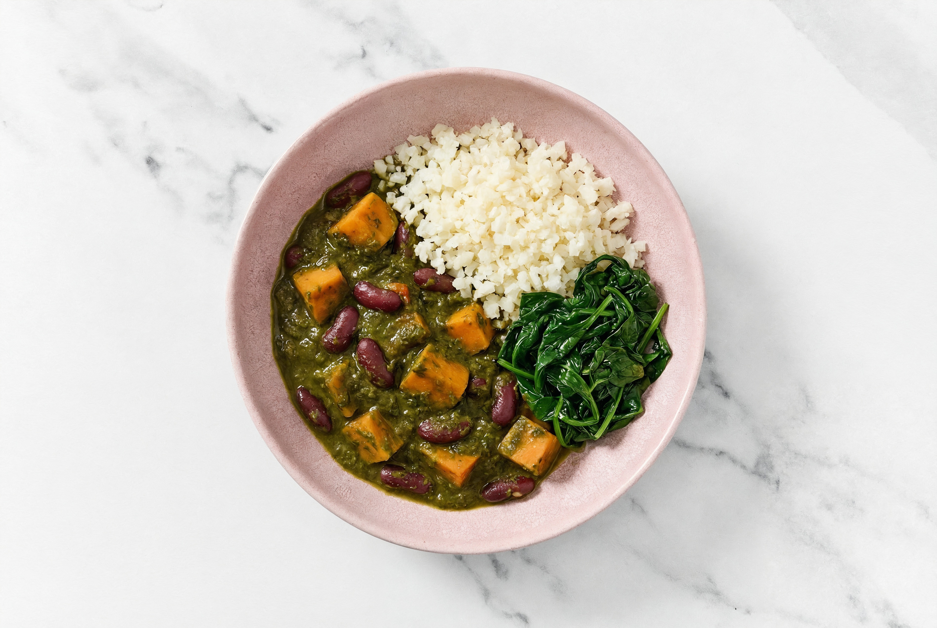 Japanese Sweet Potato Kidney Beans Saag with Organic Spinach + Cauliflower Rice