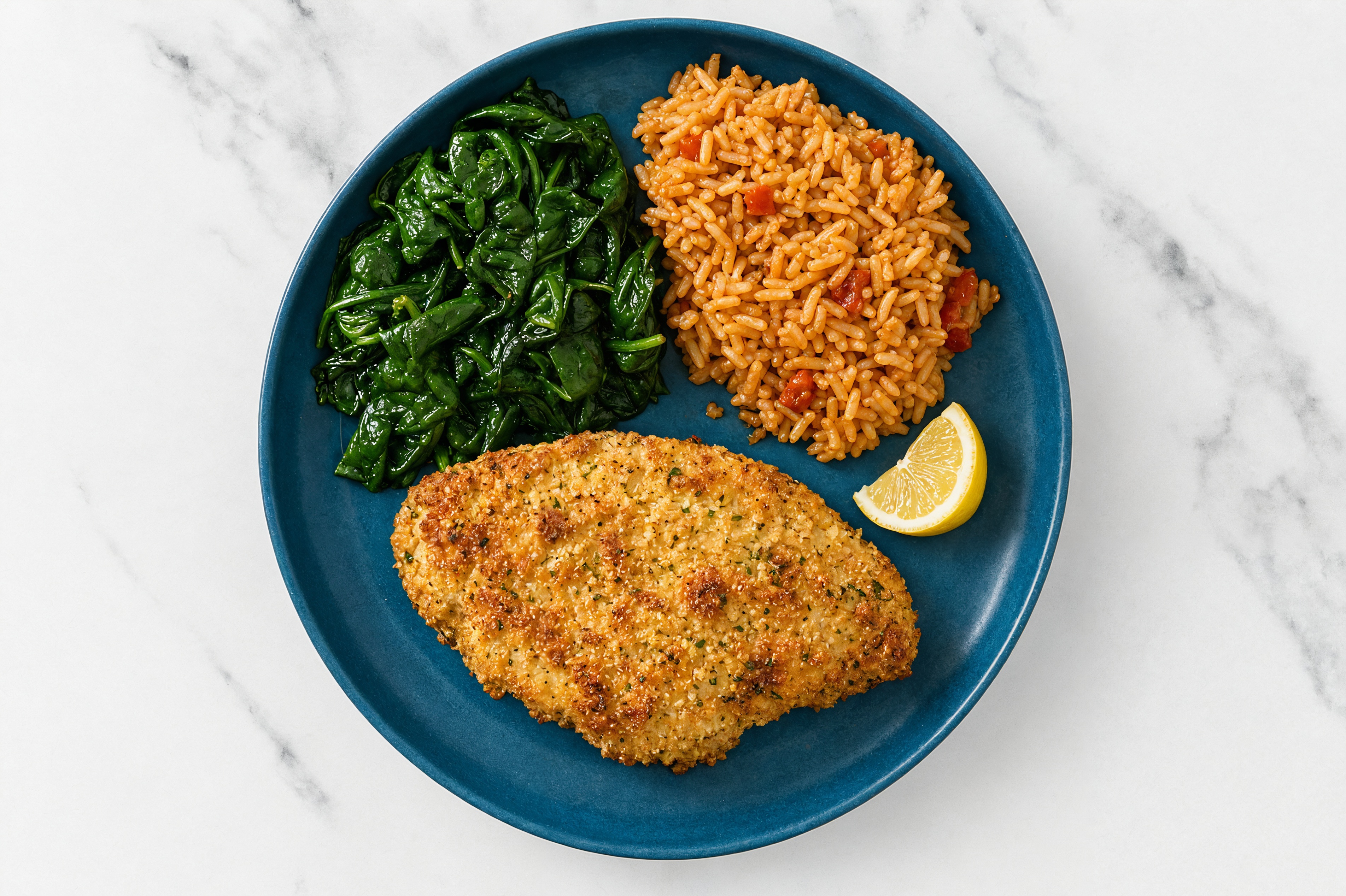 Lemon Parmesan Breaded Chicken Cutlet with Baby Spinach & Mexican Rice