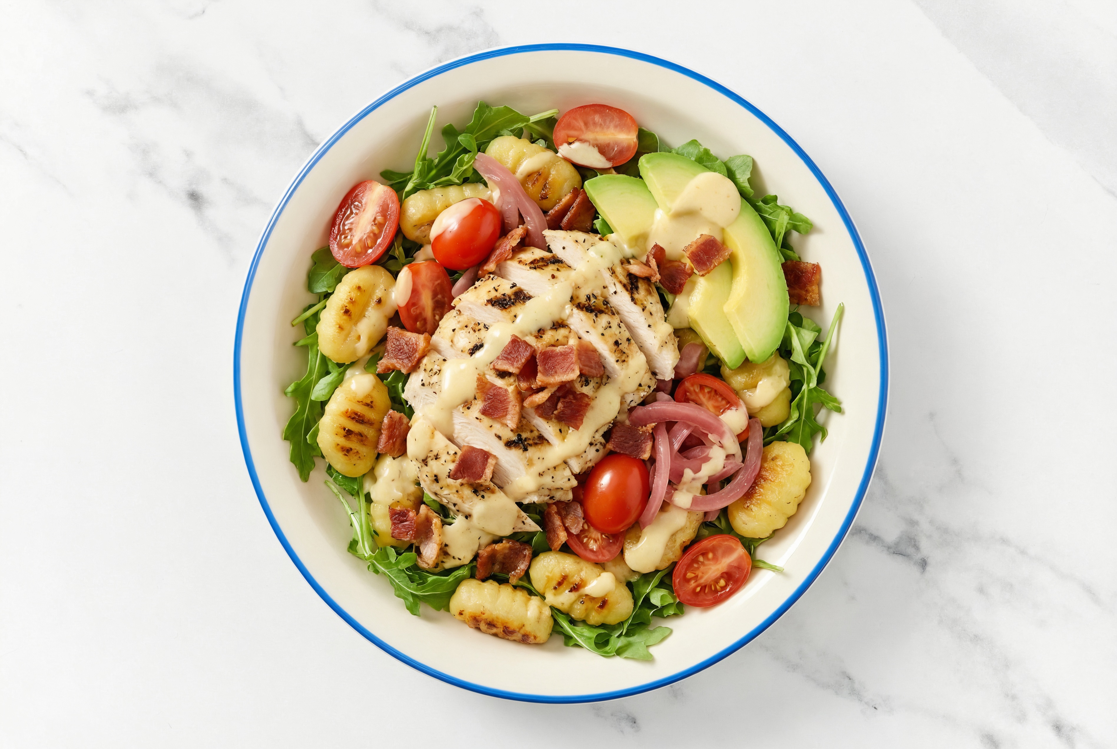 Crispy Classic Potato Gnocchi & Seasoned Grilled Chicken Breast Bacon Miso Caesar Bowl