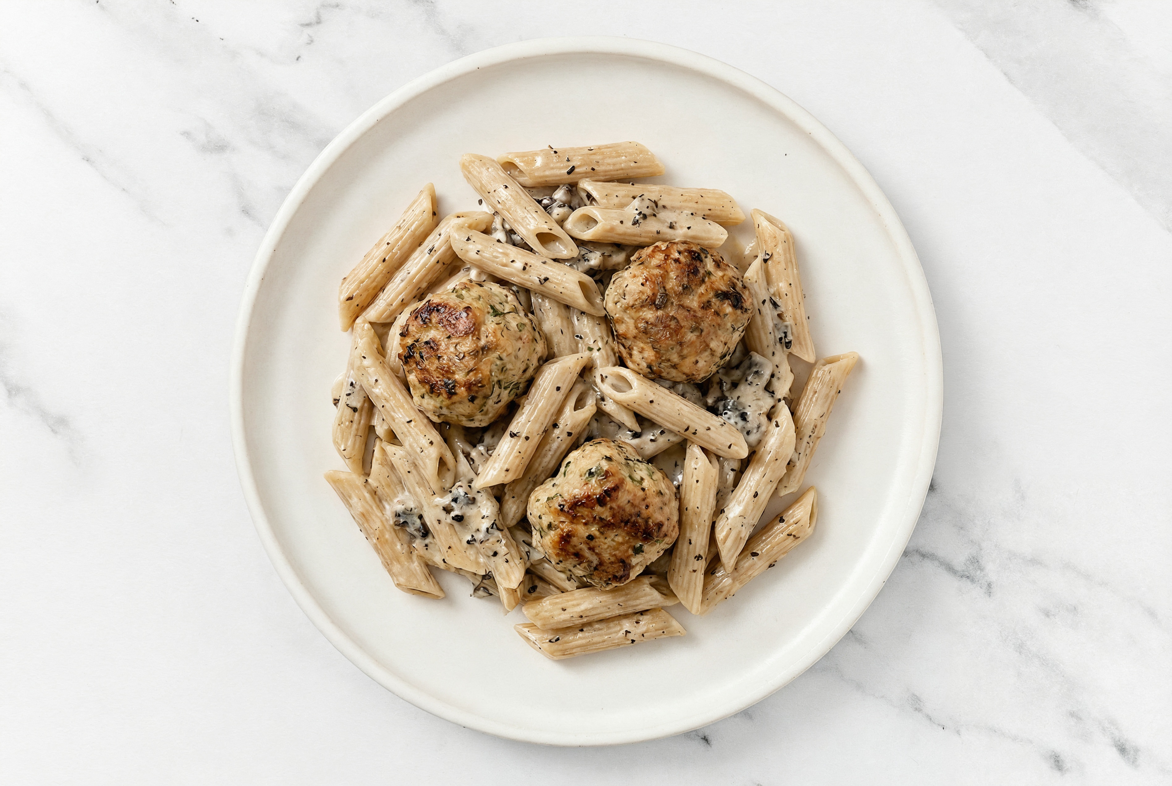 Truffle Sourdough Penne Rigate with Cooked + Seasoned Turkey Meatballs