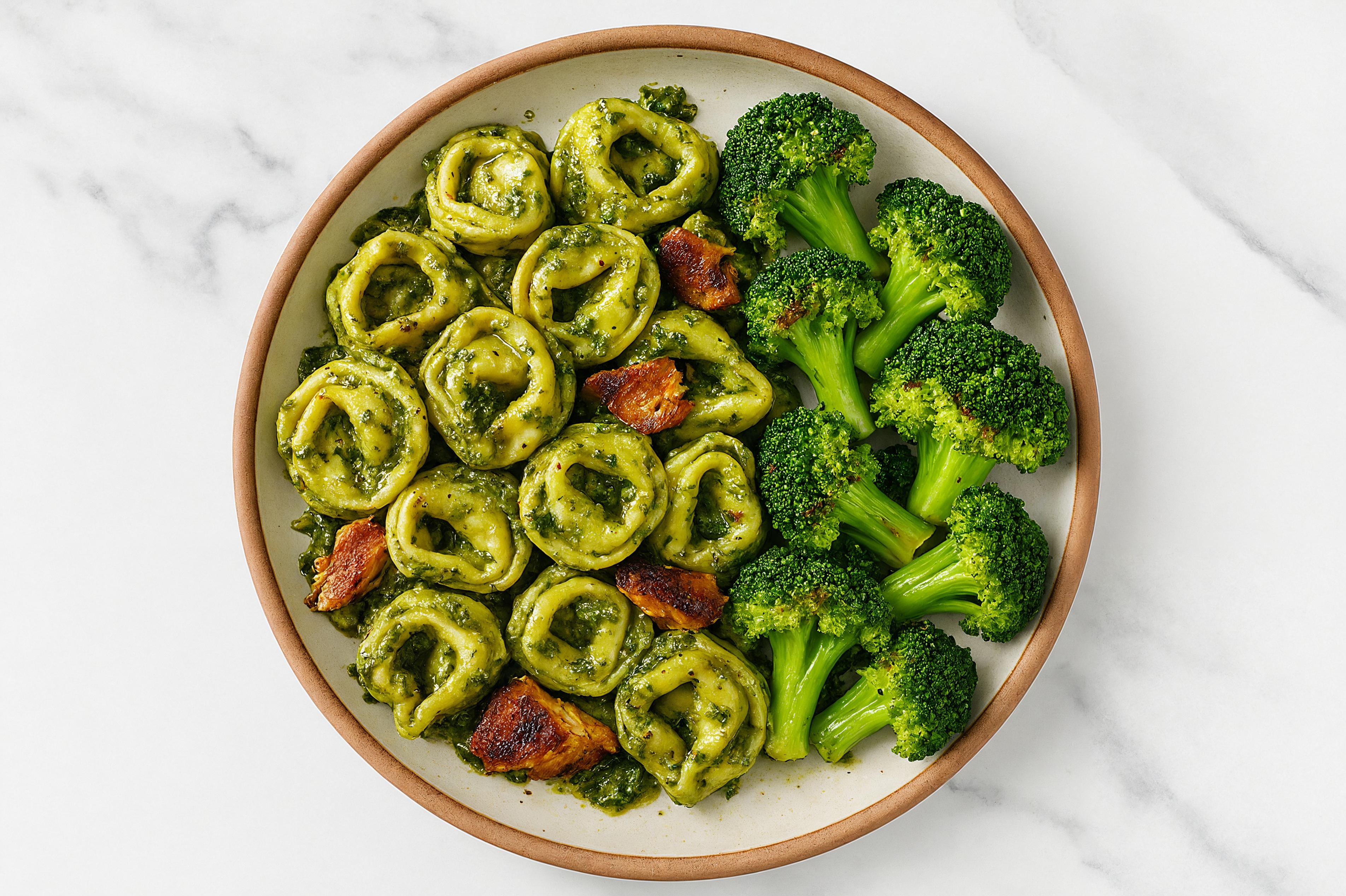 Tortelloni Kale Pesto with Blackened Salmon & Broccoli