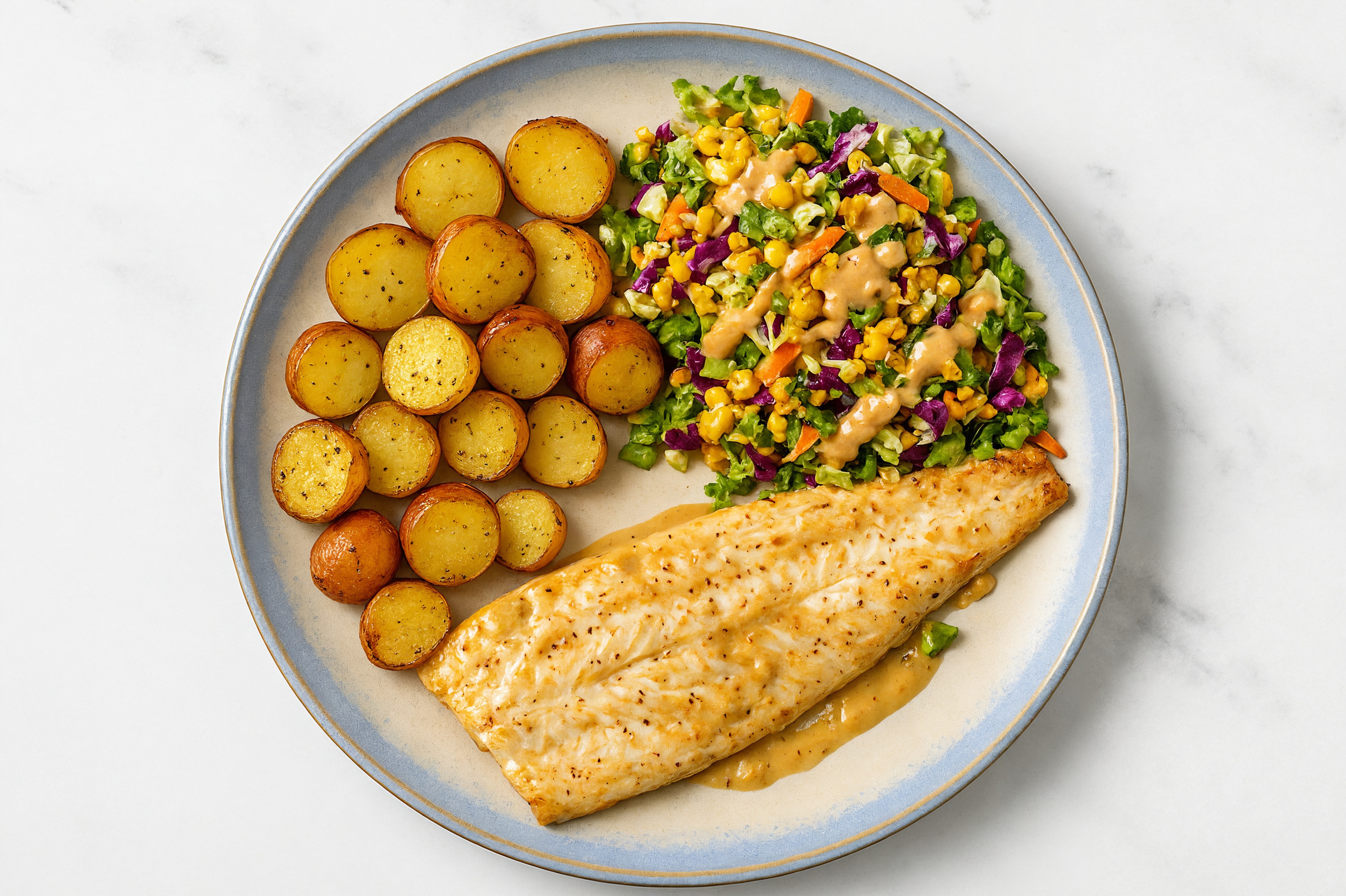 Garlic-Mustard Sheet Pan Trout & Creamer Potatoes with Street Corn Salad