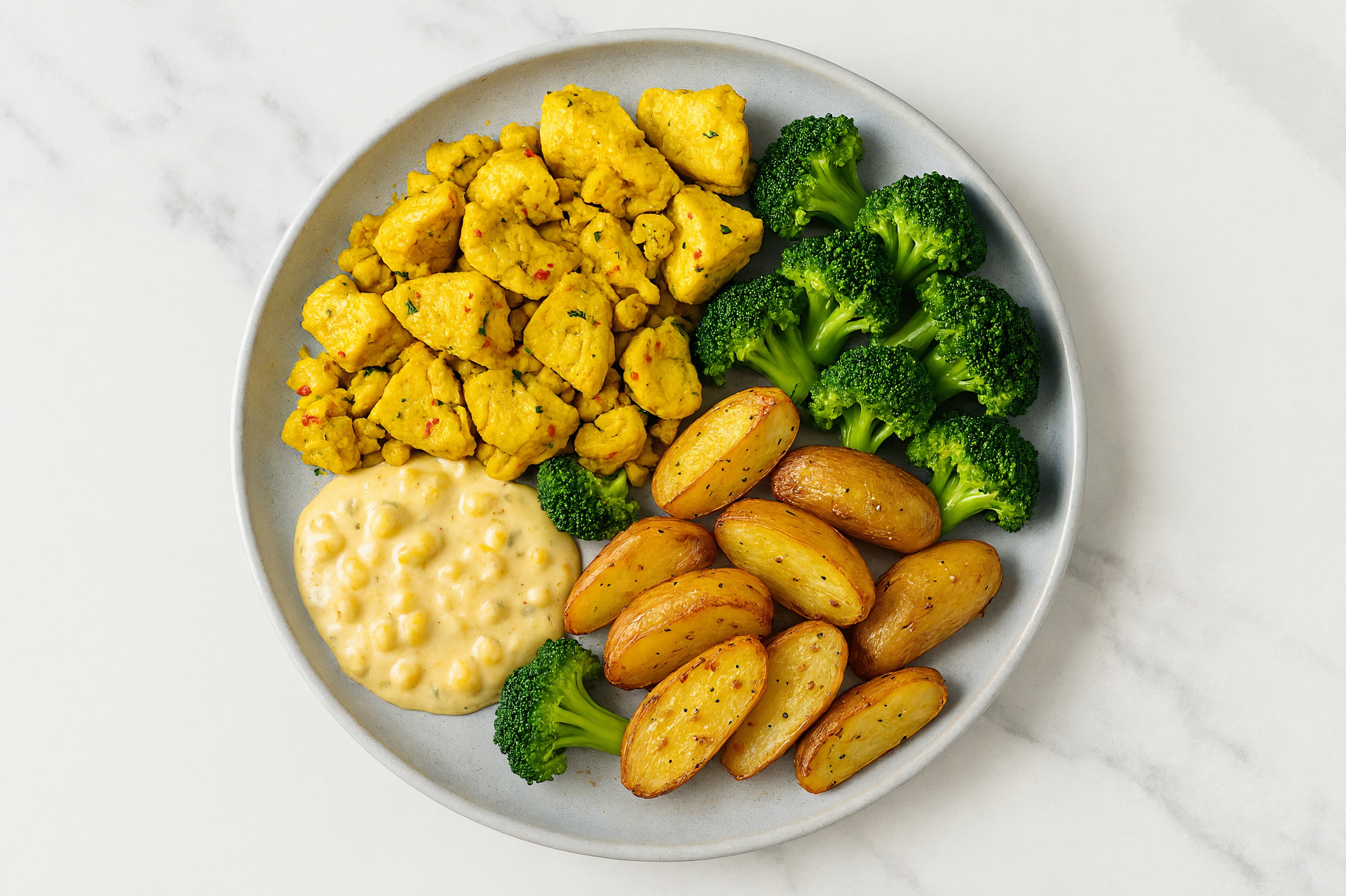 Street Corn Braised Tofu with Fingerling Potatoes + Broccoli