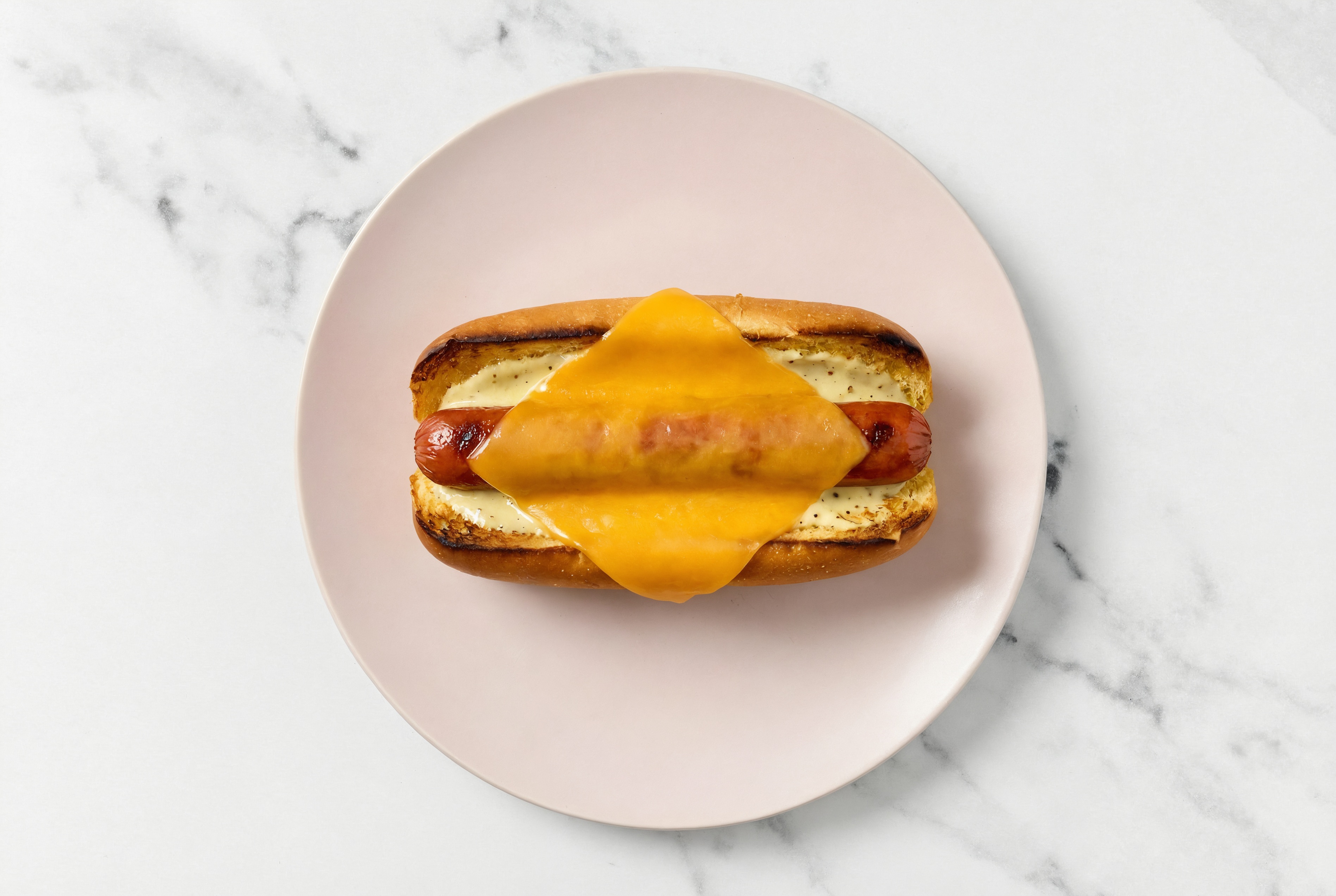 Cheddar Beef Hot Dog with Honey Musard Garlic Sauce on Brioche
