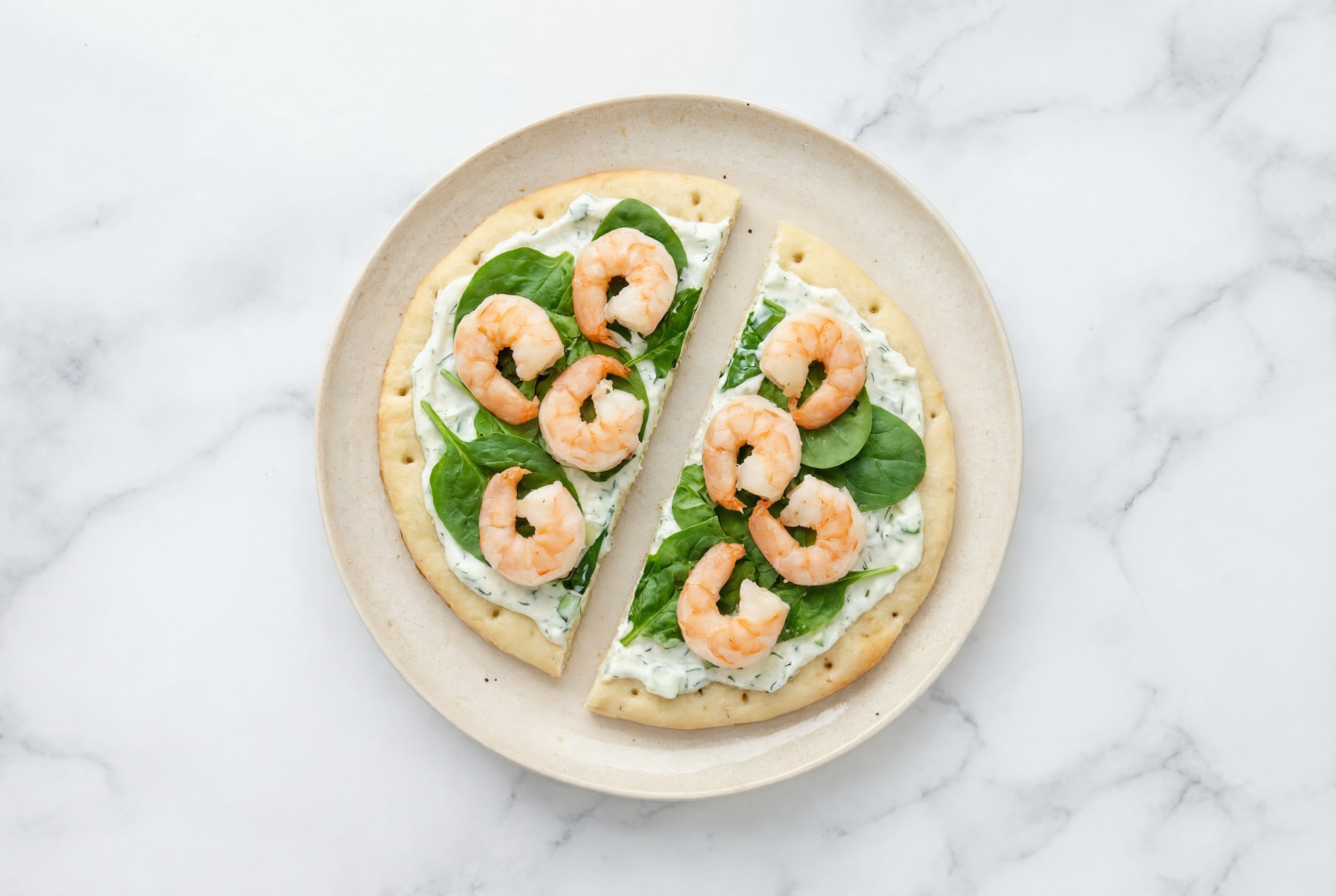 Savory Mediterranean Inspired Jumbo Shrimp Flatbread with Feta Cucumber Tzatziki Dip
