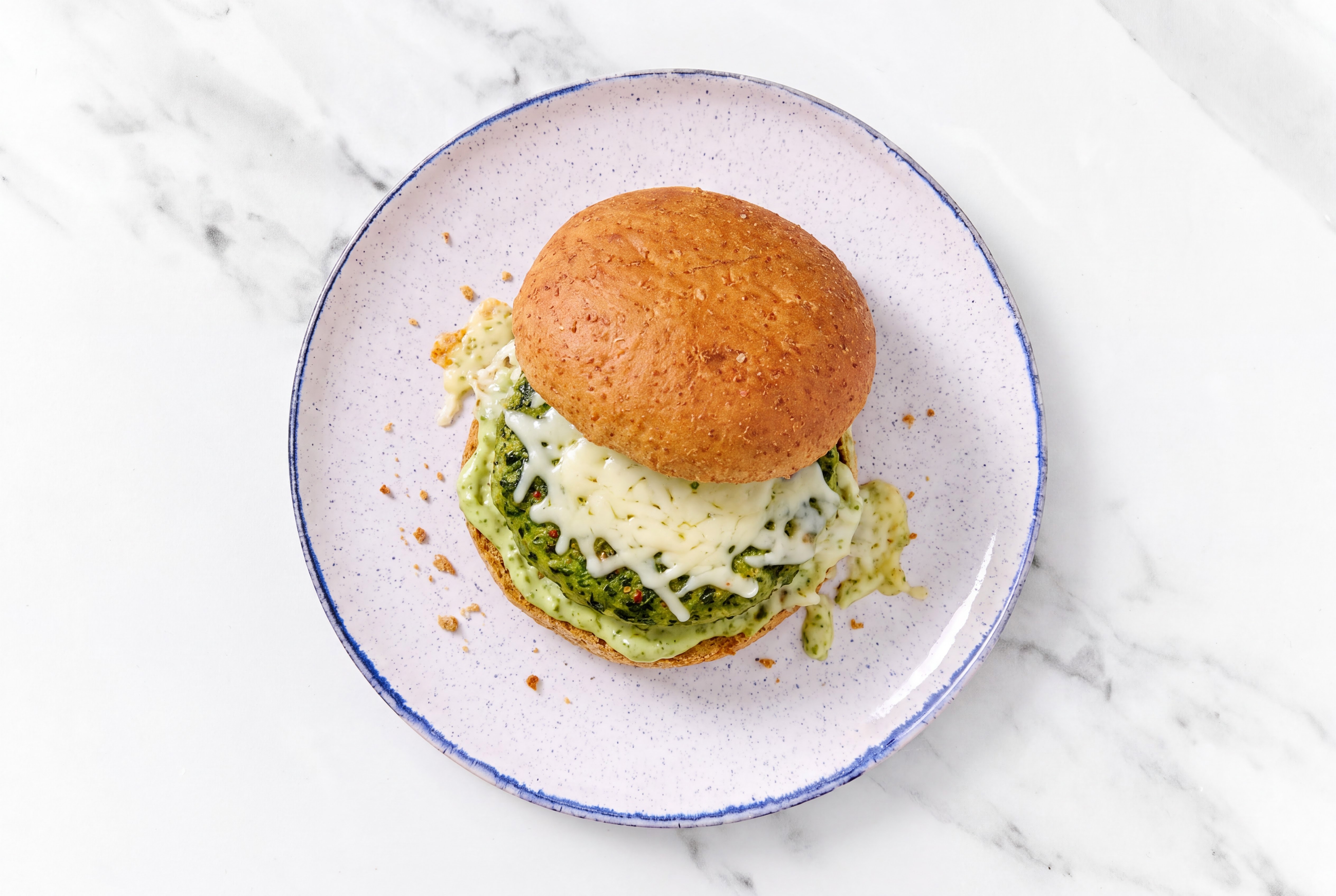 Feta Turkey Patties with Mozzarella + Pesto Aioli on Whole Grain Buns